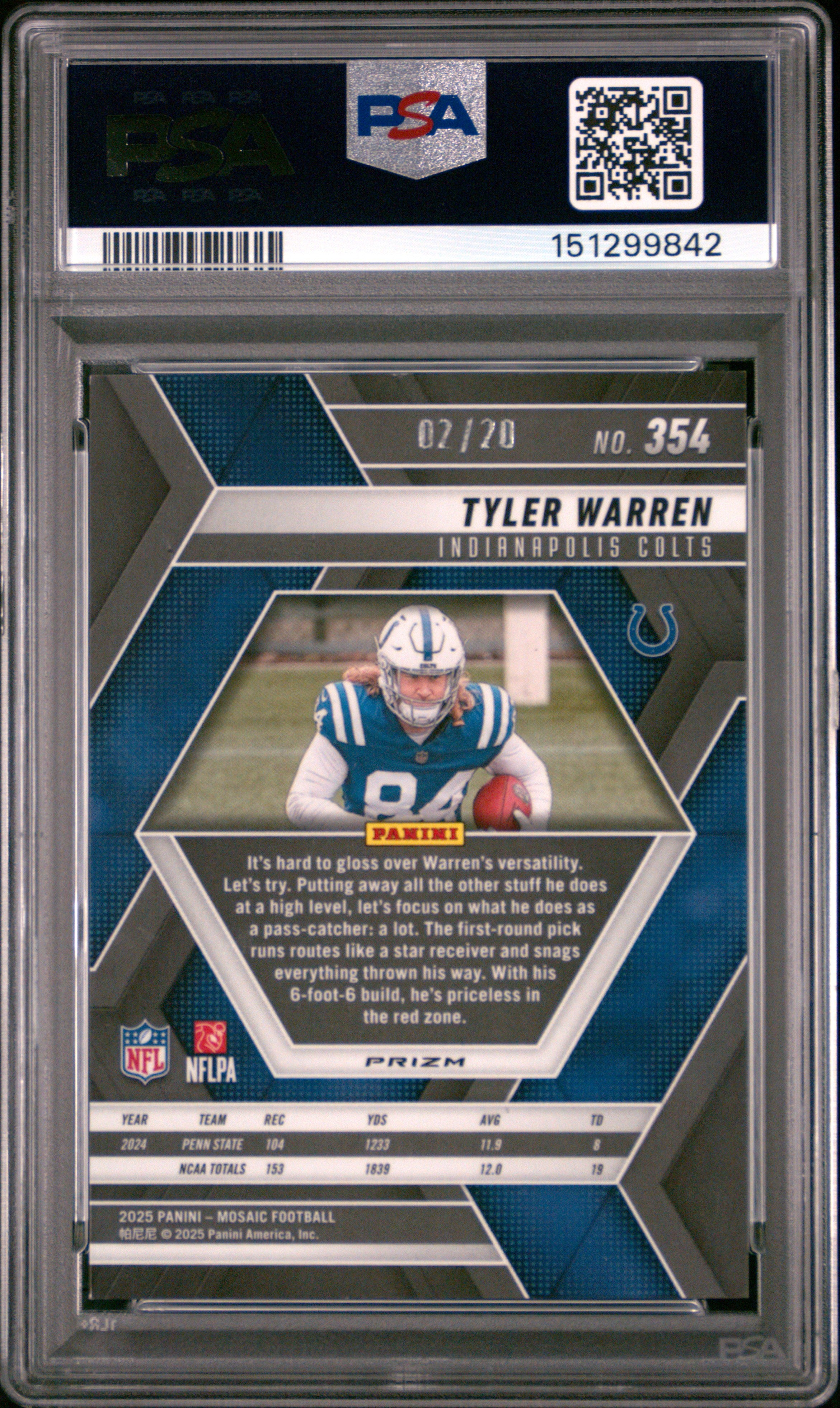 Tyler Warren RC 2025 Panini Mosaic Cherry Blossom Choice Rookie SP 2/20 PSA 9