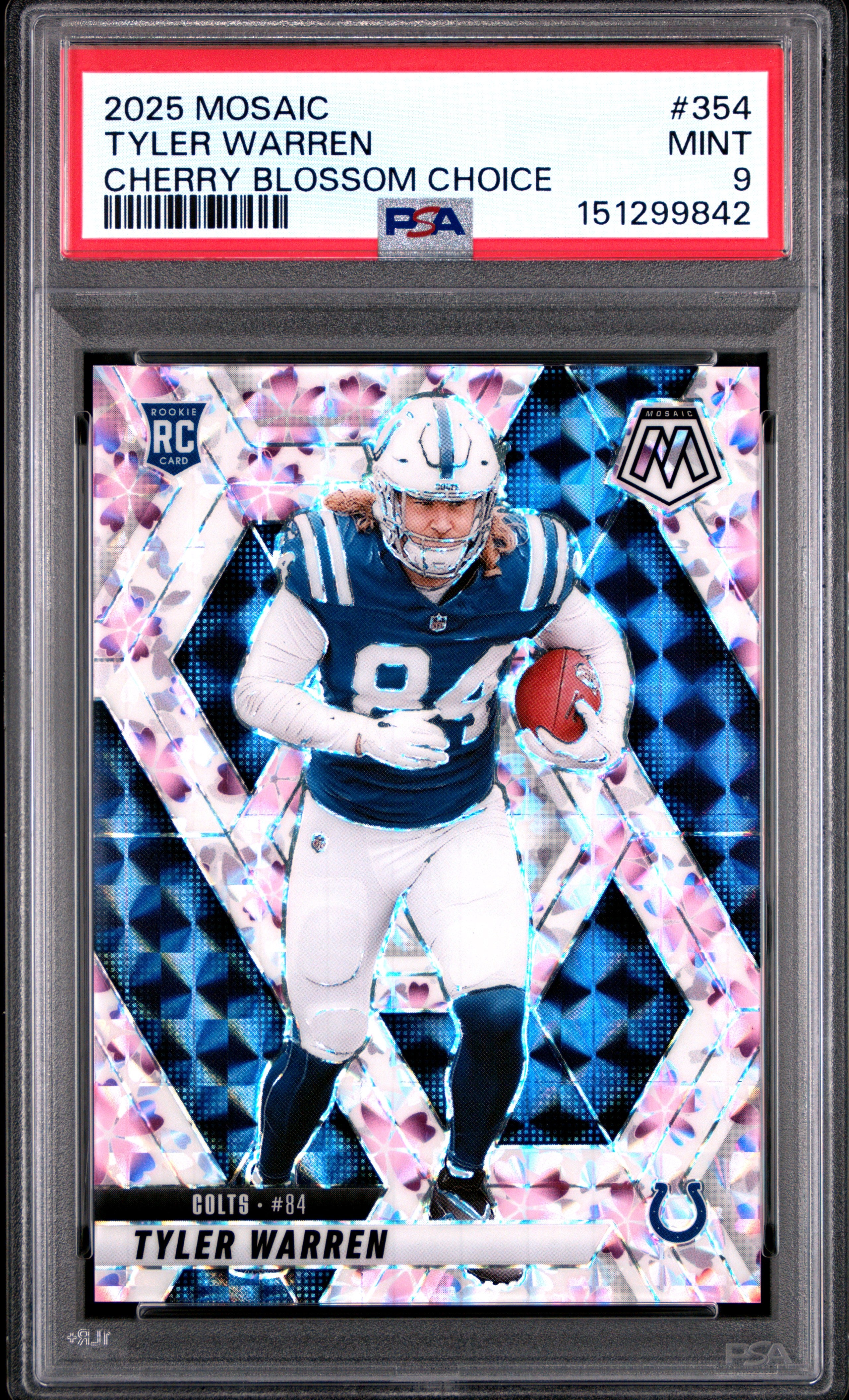 Tyler Warren RC 2025 Panini Mosaic Cherry Blossom Choice Rookie SP 2/20 PSA 9