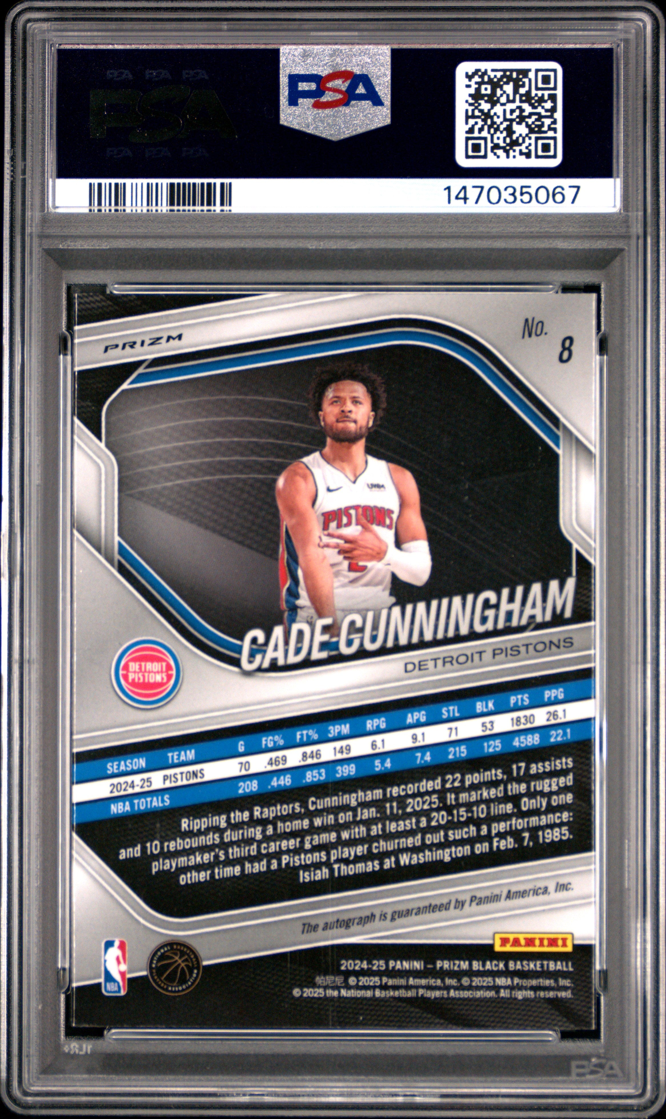 Cade Cunningham 2024-25 Panini Prizm Black Silver Auto #8 PSA 10