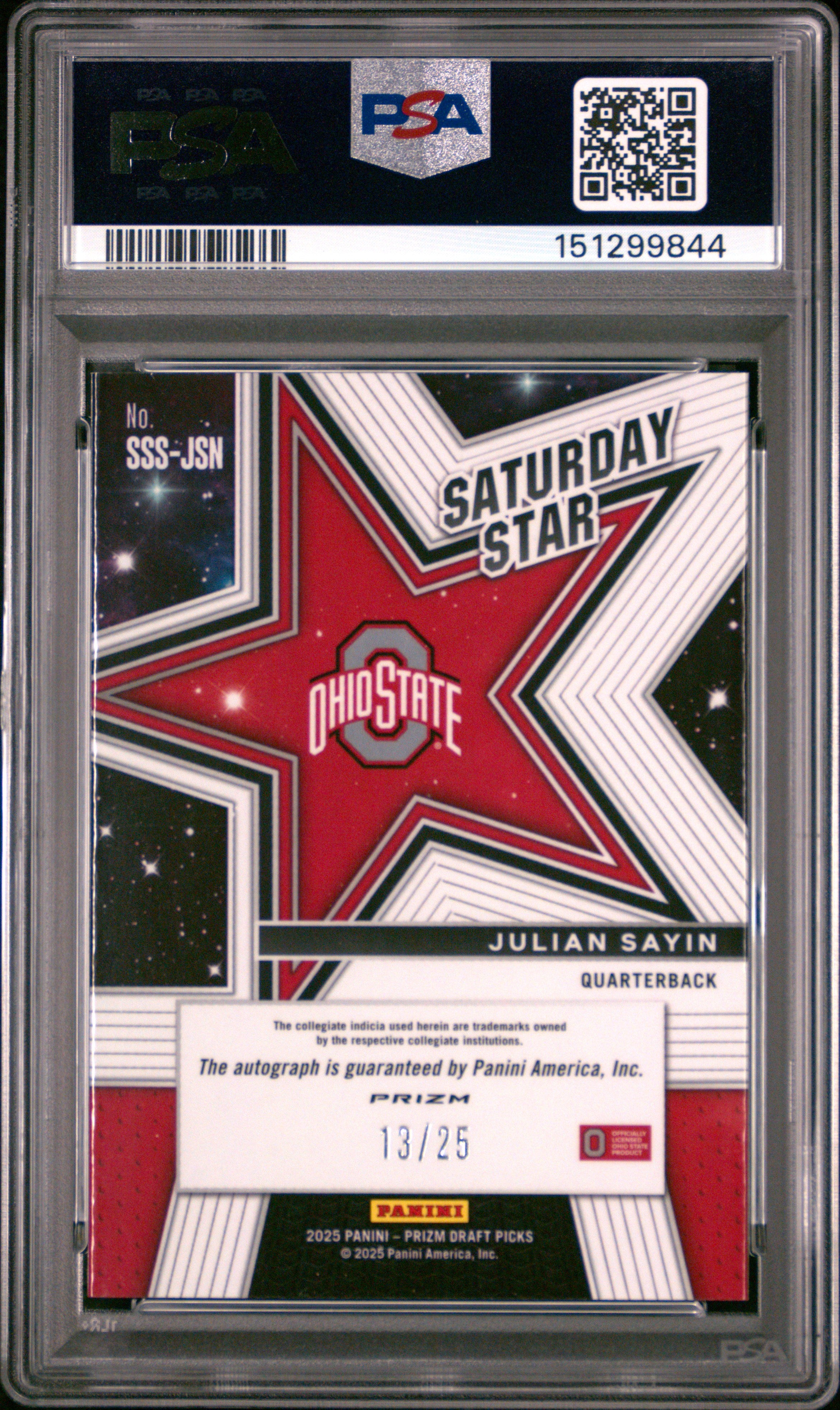 Julian Sayin RC 2025 Panini Prizm Draft Mojo Saturday Star Rookie Auto SP 13/25 PSA 10