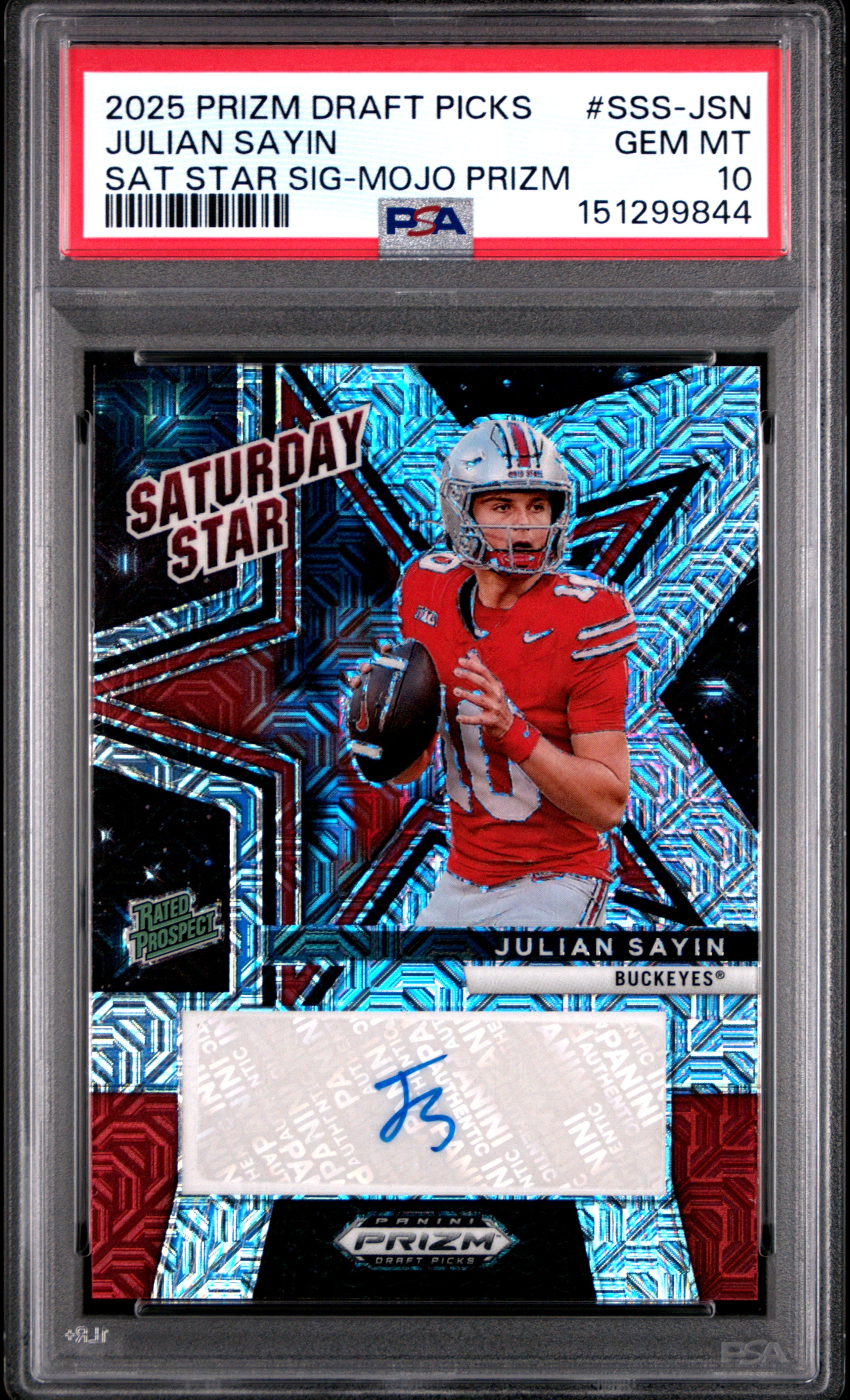 Julian Sayin RC 2025 Panini Prizm Draft Mojo Saturday Star Rookie Auto SP 13/25 PSA 10