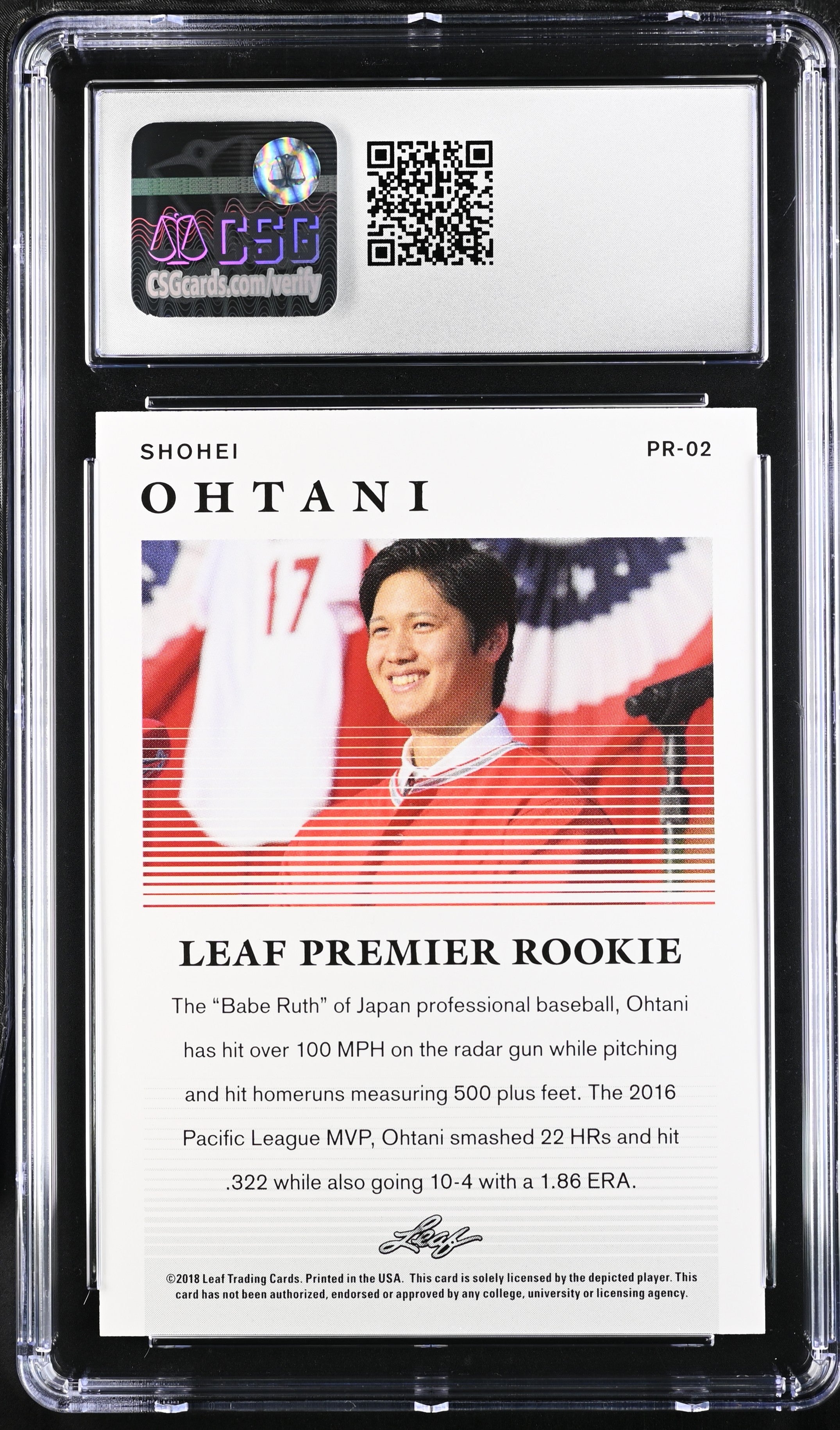 Shohei Ohtani RC 2018 Leaf Premier Red Rookie SP 50/200 CSG 9.5