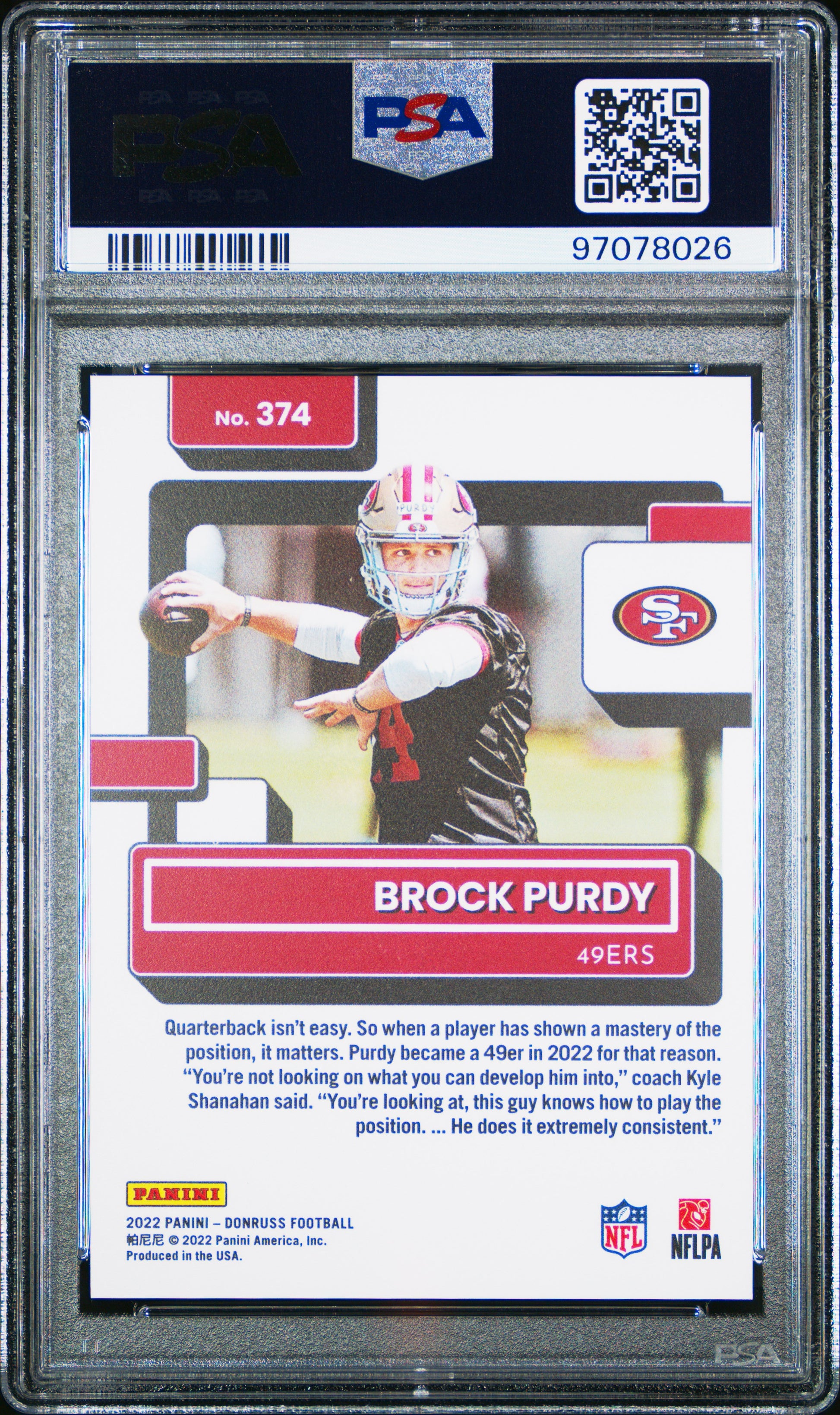 Brock Purdy RC 2022 Donruss Premium Press Proof Rated Rookie #374 PSA 10-2