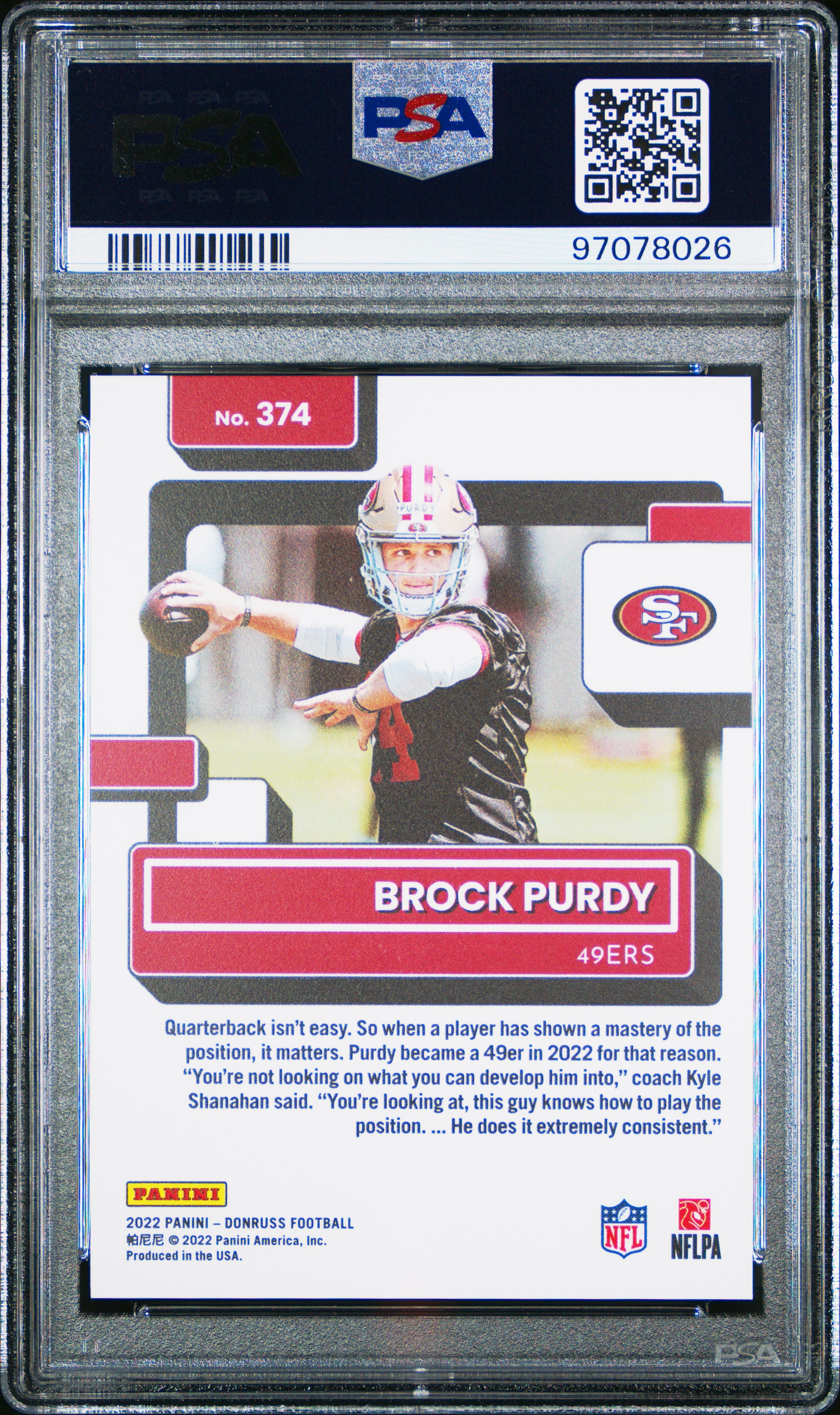 Brock Purdy RC 2022 Donruss Premium Press Proof Rated Rookie #374 PSA 10-2