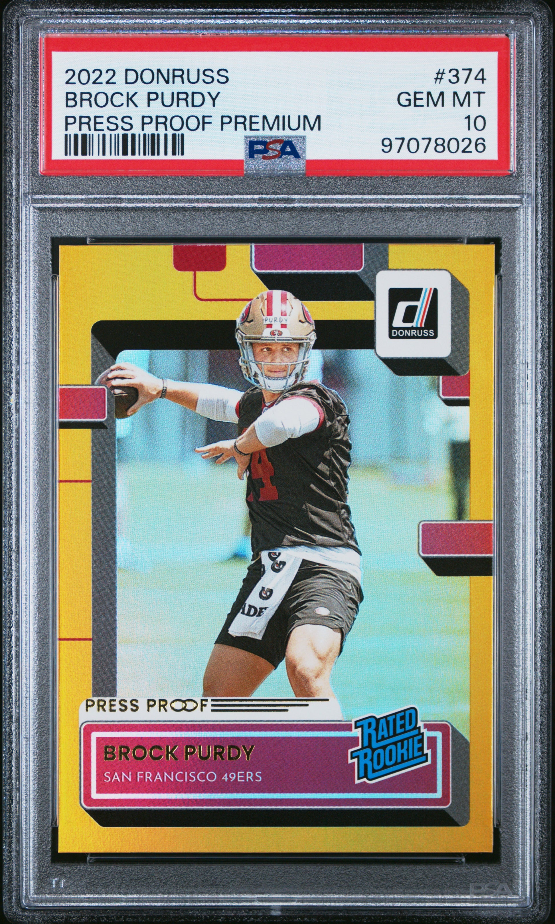 Brock Purdy RC 2022 Donruss Premium Press Proof Rated Rookie #374 PSA 10-1