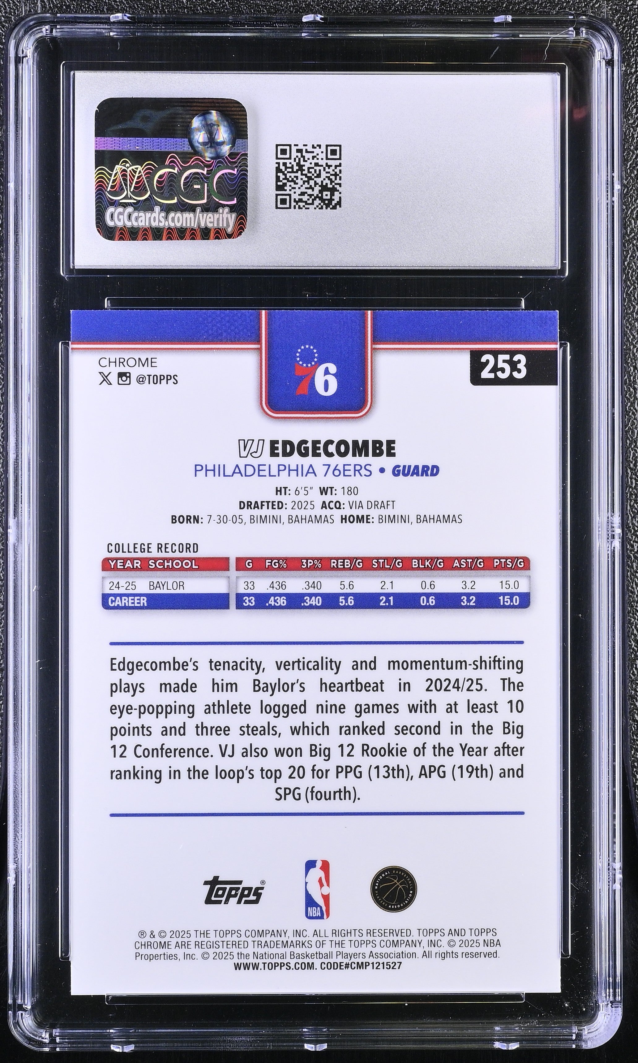 Vj Edgecombe RC 2025-26 Topps Chrome Red White Blue Refractor Rookie #253 CGC 10