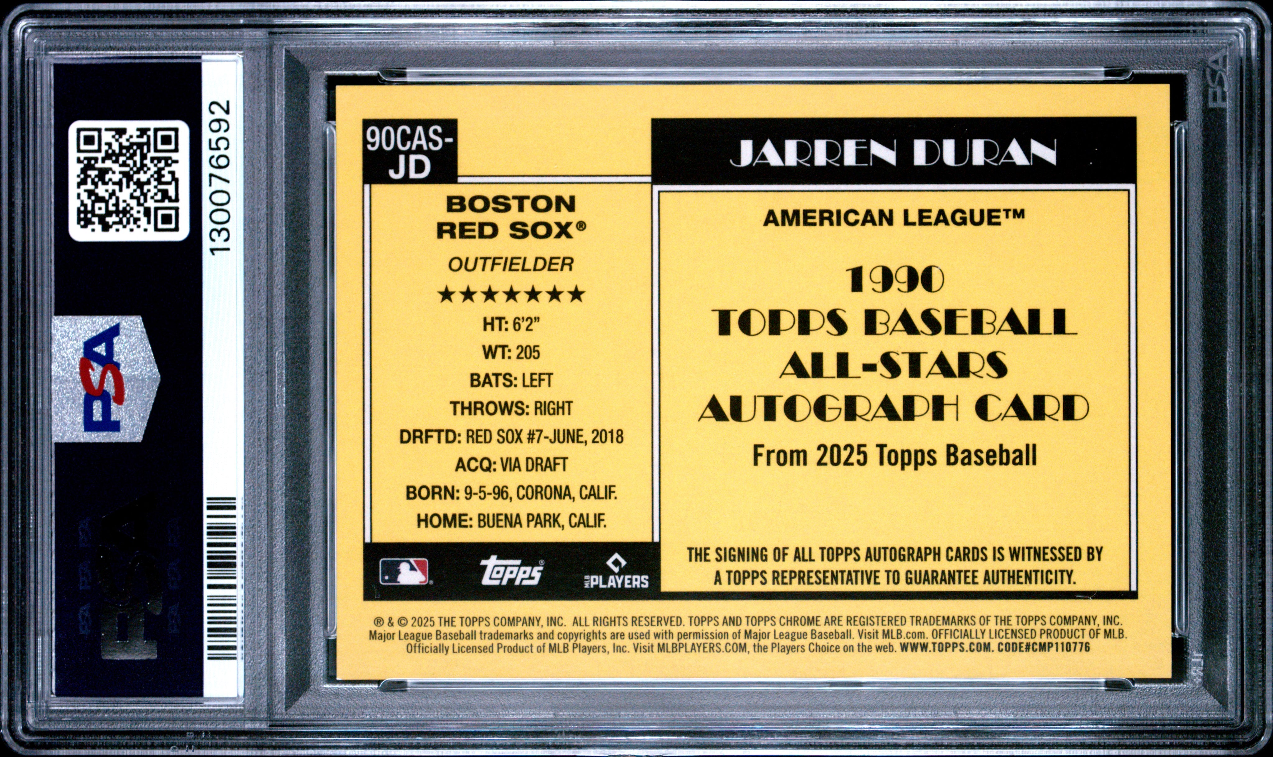 Jarren Duran 2025 Topps Silver Pack Chrome Orange All Star Auto SP 12/25 PSA 10