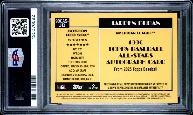 Jarren Duran 2025 Topps Silver Pack Chrome Orange All Star Auto SP 12/25 PSA 10-2