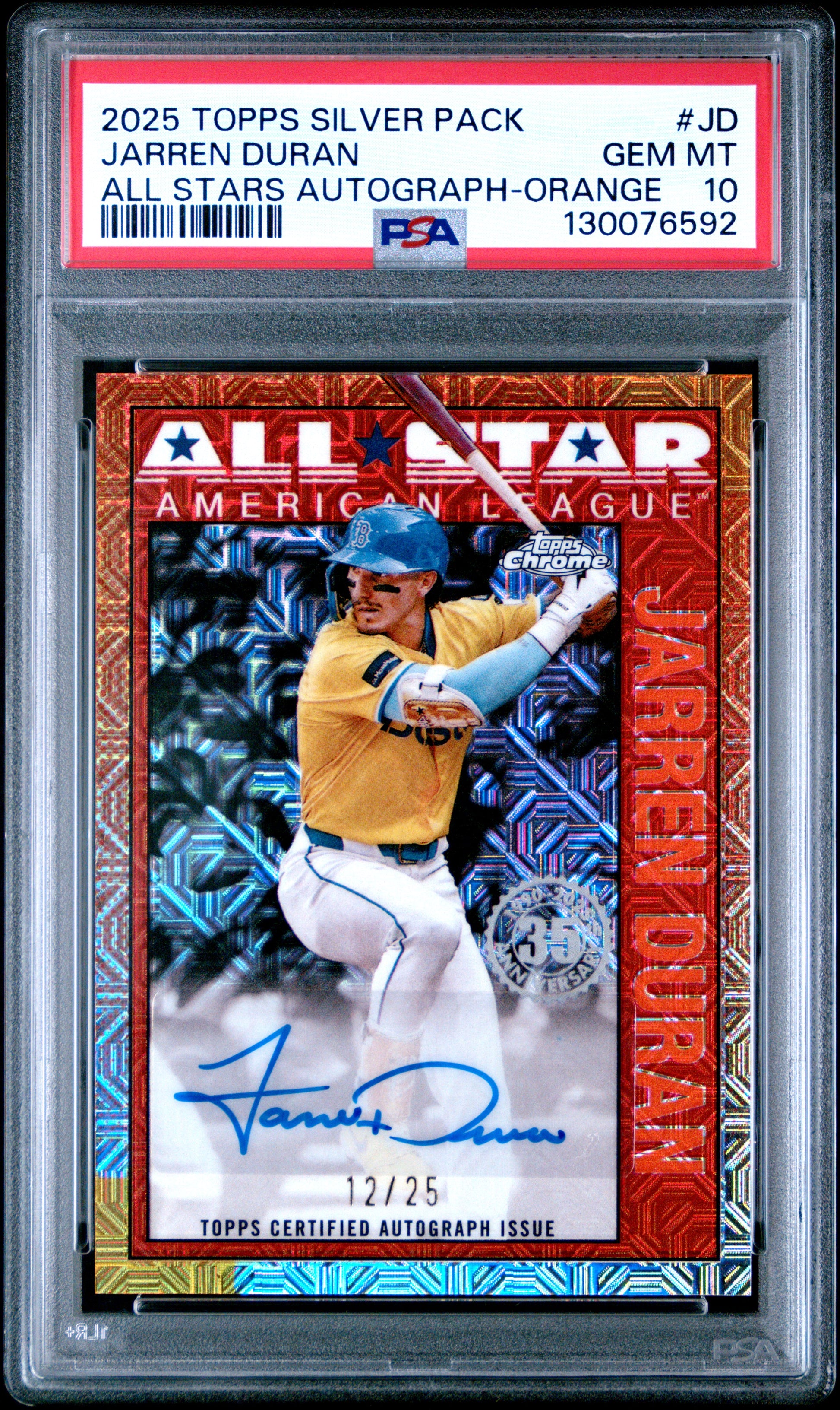 Jarren Duran 2025 Topps Silver Pack Chrome Orange All Star Auto SP 12/25 PSA 10-1