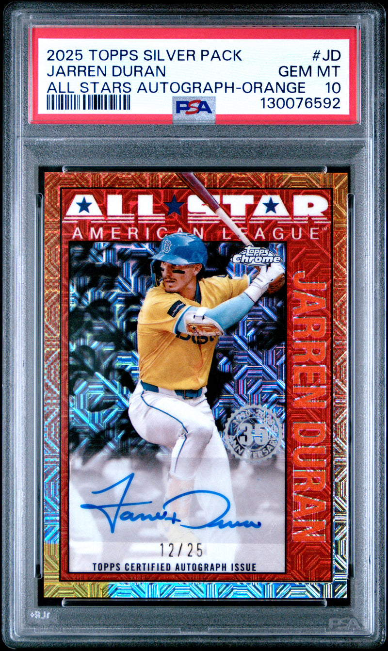 Jarren Duran 2025 Topps Silver Pack Chrome Orange All Star Auto SP 12/25 PSA 10-1