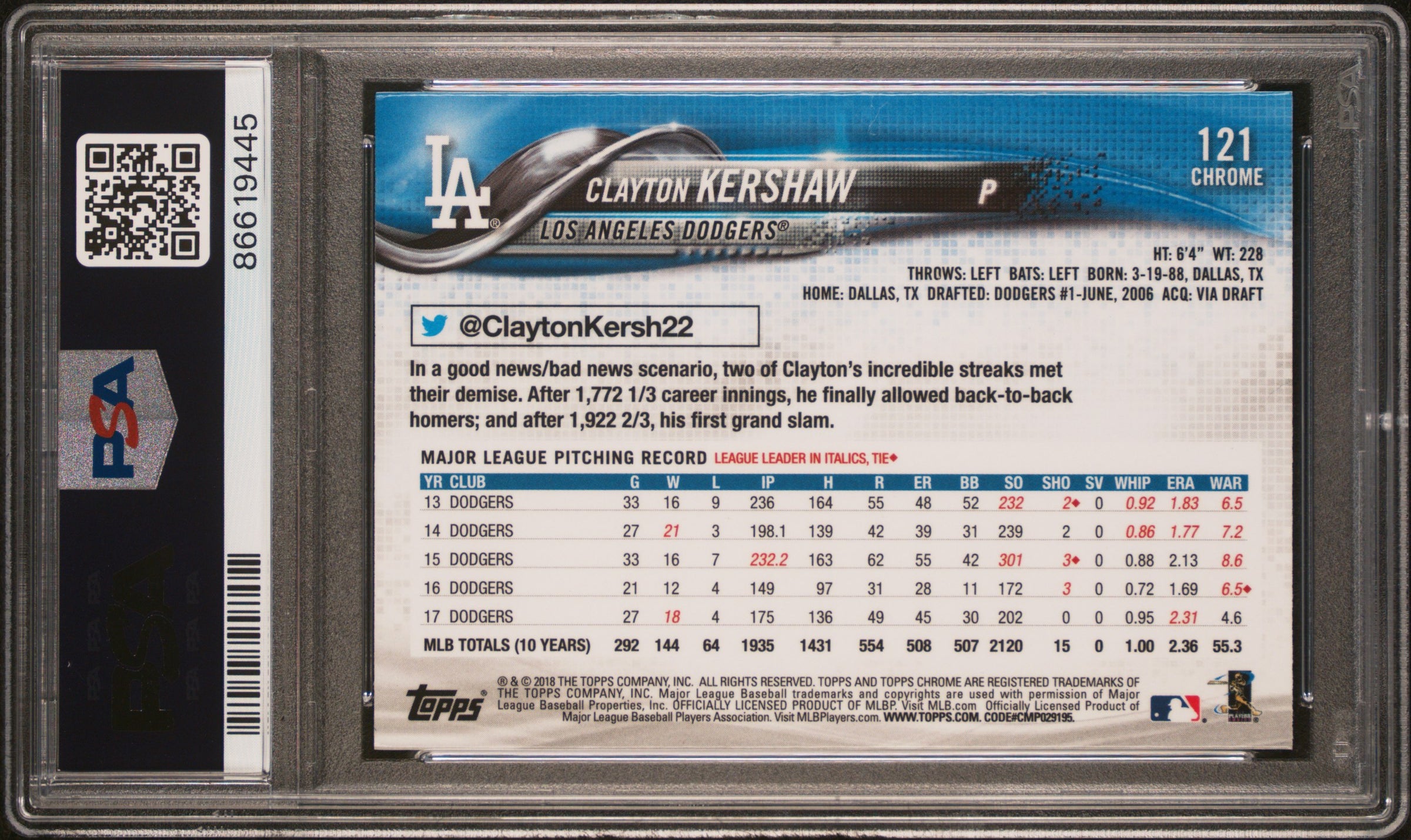 Clayton Kershaw 2018 Topps Chrome Blowing Bubble Refractor SSP #121 PSA 10