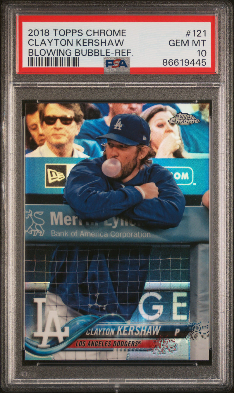 Clayton Kershaw 2018 Topps Chrome Blowing Bubble Refractor SSP #121 PSA 10-1