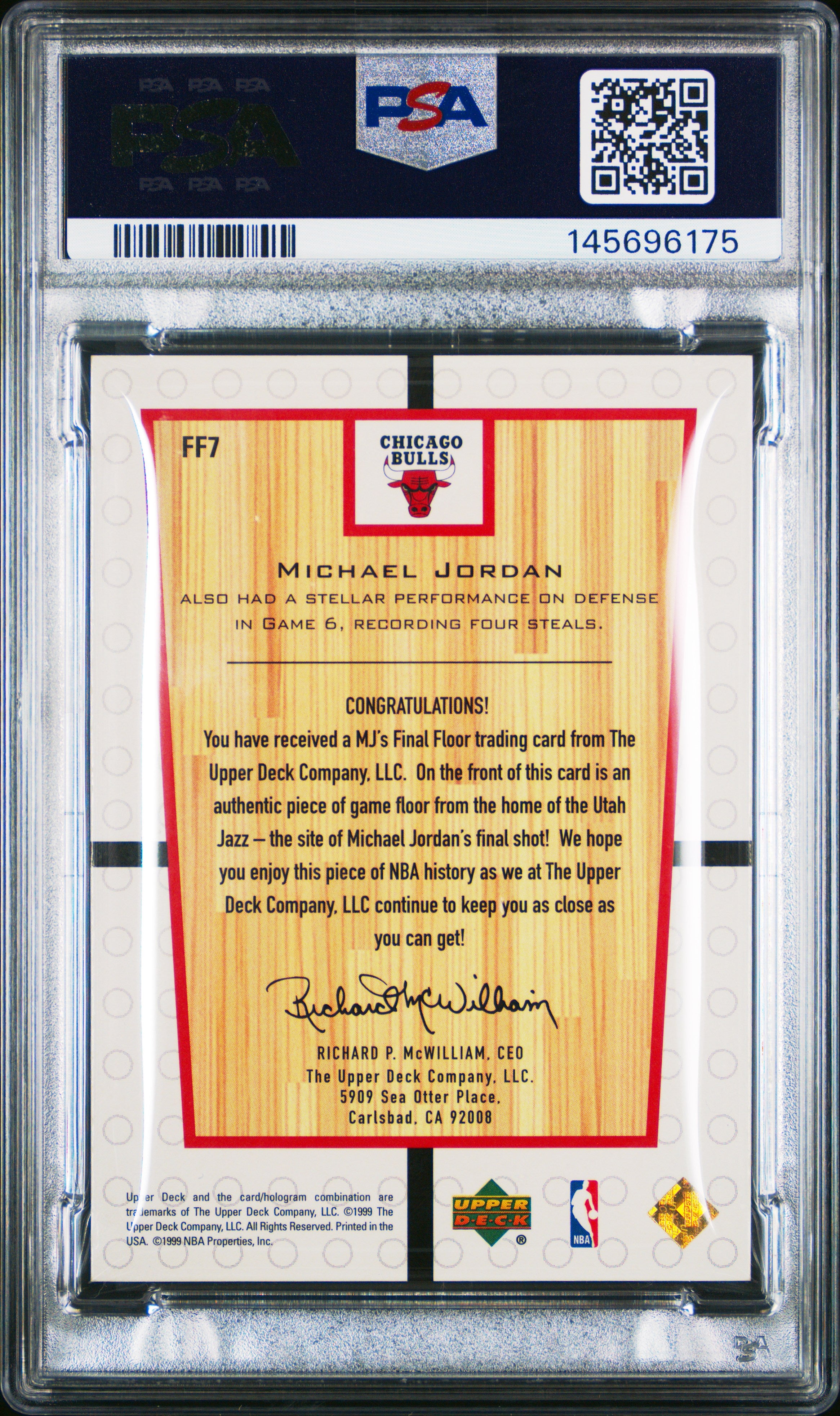 Michael Jordan 1999-00 Upper Deck Final Floor Game Used Piece PSA 8