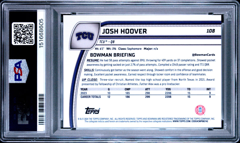 Josh Hoover RC 2024 Bowman U Chrome Fuchsia Mini Diamond Rookie SP 9/125 PSA 9-2