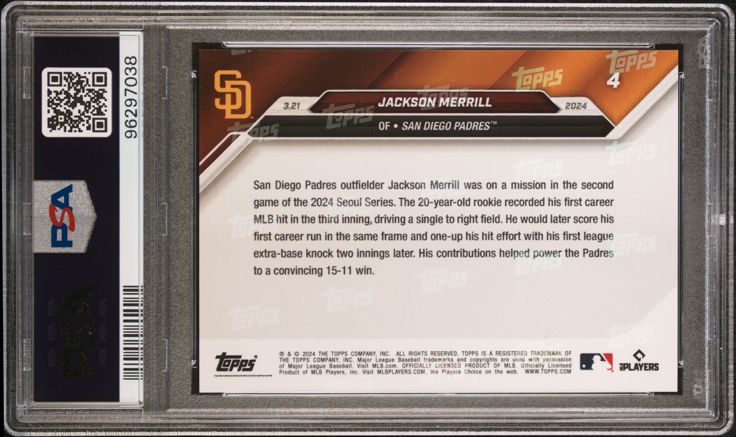 Jackson Merrill RC 2024 Topps Now Purple Rookie SP 20/25 PSA 9