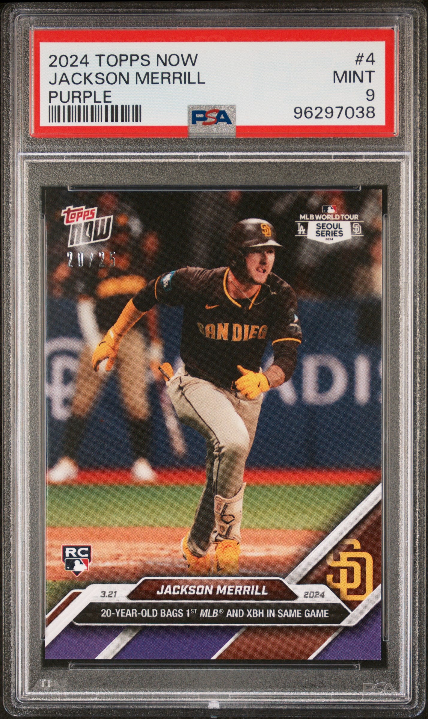 Jackson Merrill RC 2024 Topps Now Purple Rookie SP 20/25 PSA 9