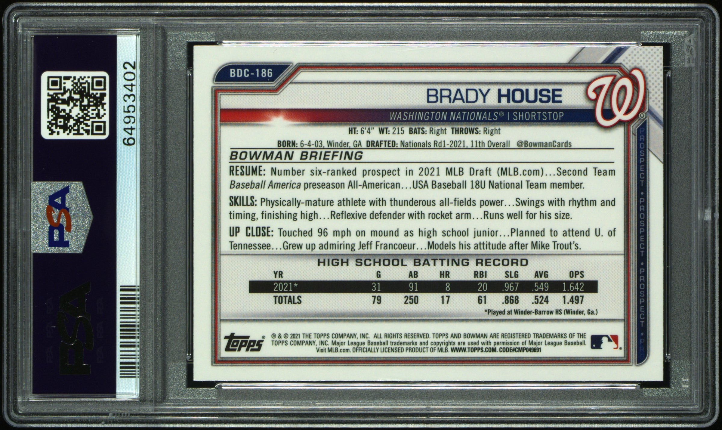 Brady House RC 2021 1st Bowman Chrome Sapphire Prospect Rookie PSA 10