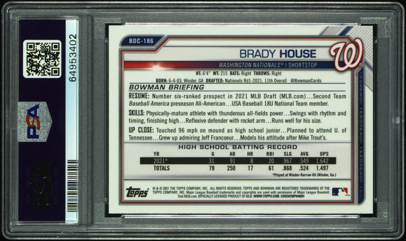 Brady House RC 2021 1st Bowman Chrome Sapphire Prospect Rookie PSA 10-2