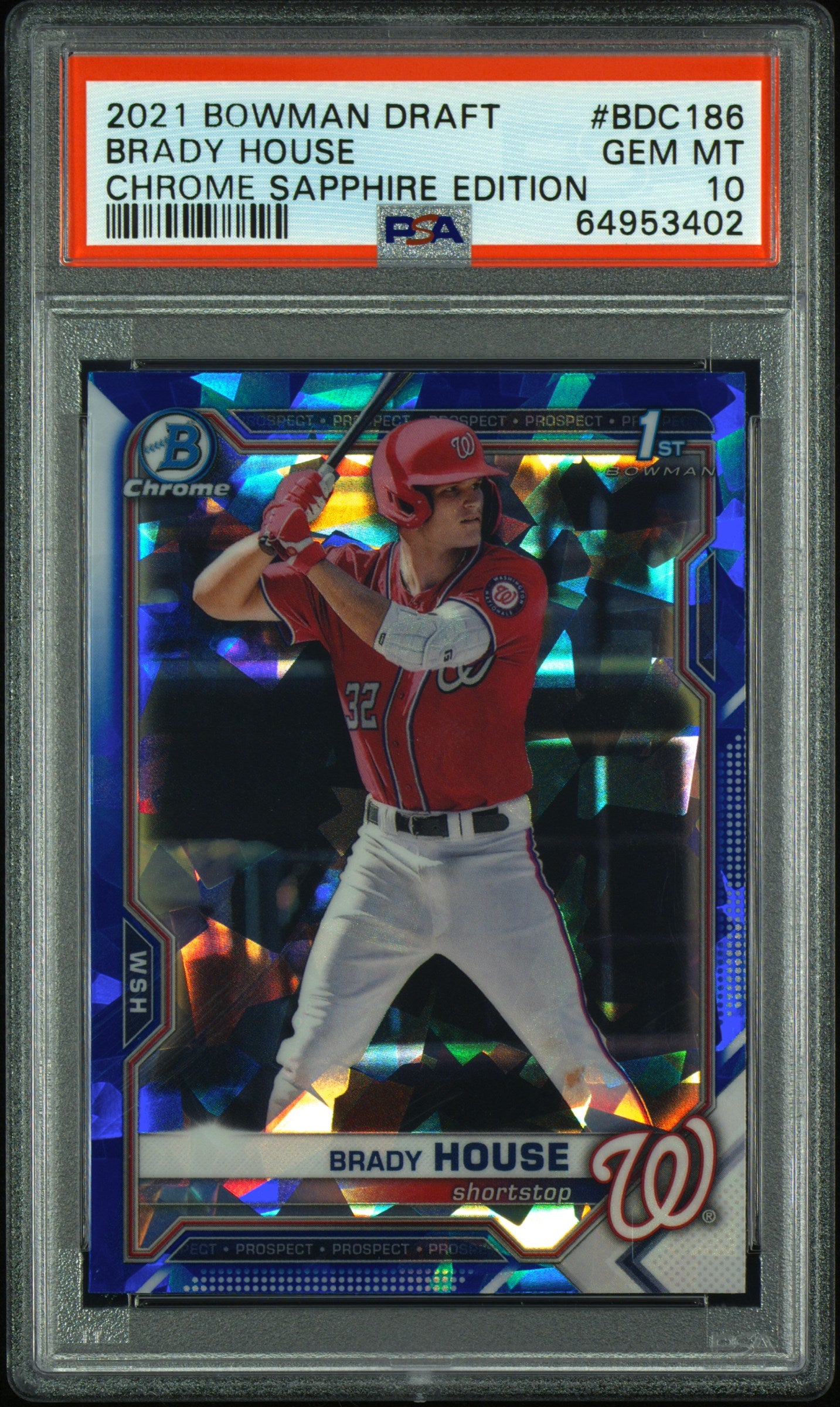 Brady House RC 2021 1st Bowman Chrome Sapphire Prospect Rookie PSA 10