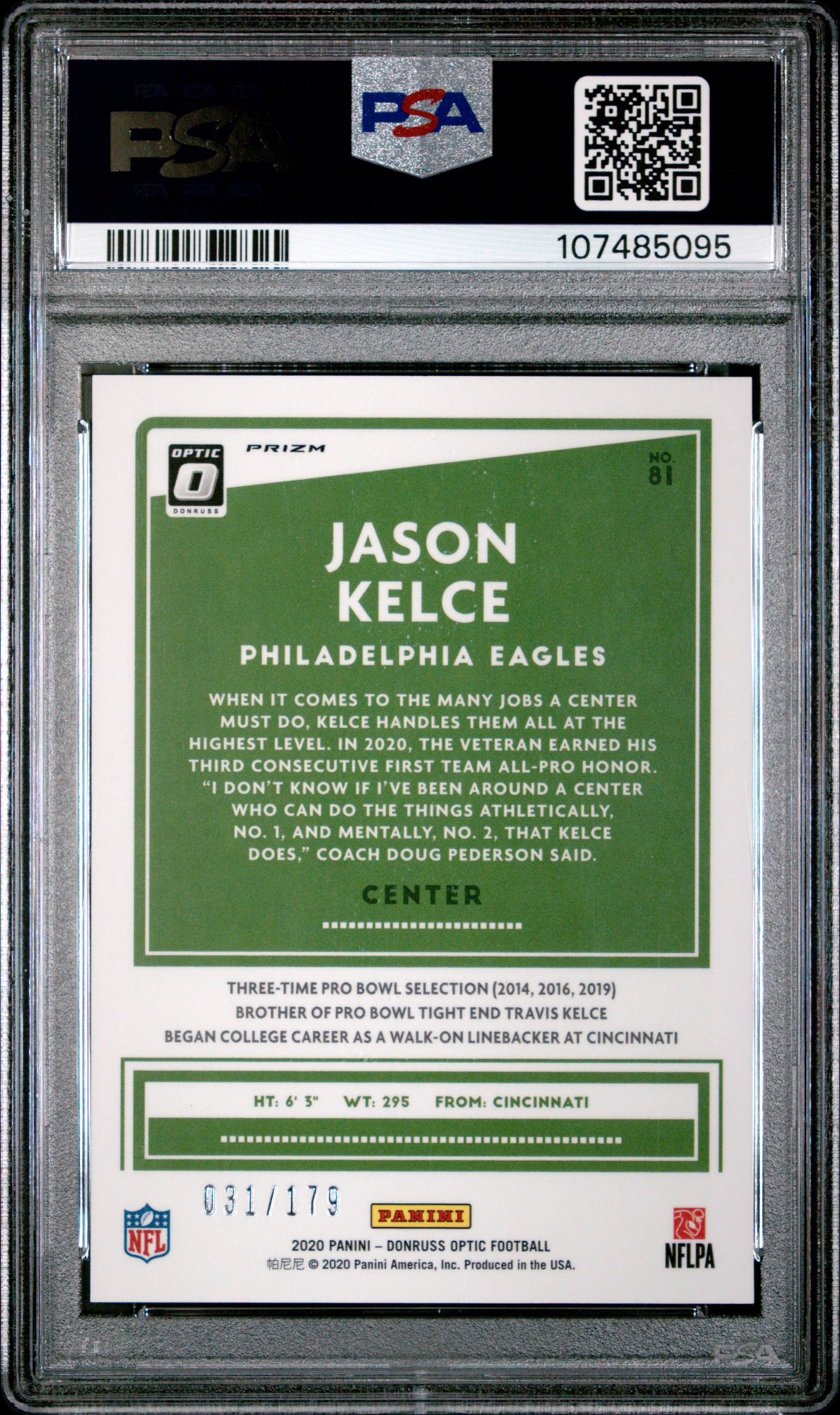 Jason Kelce 2020 Donruss Optic Blue Prizm SP 31/179 PSA 9-2