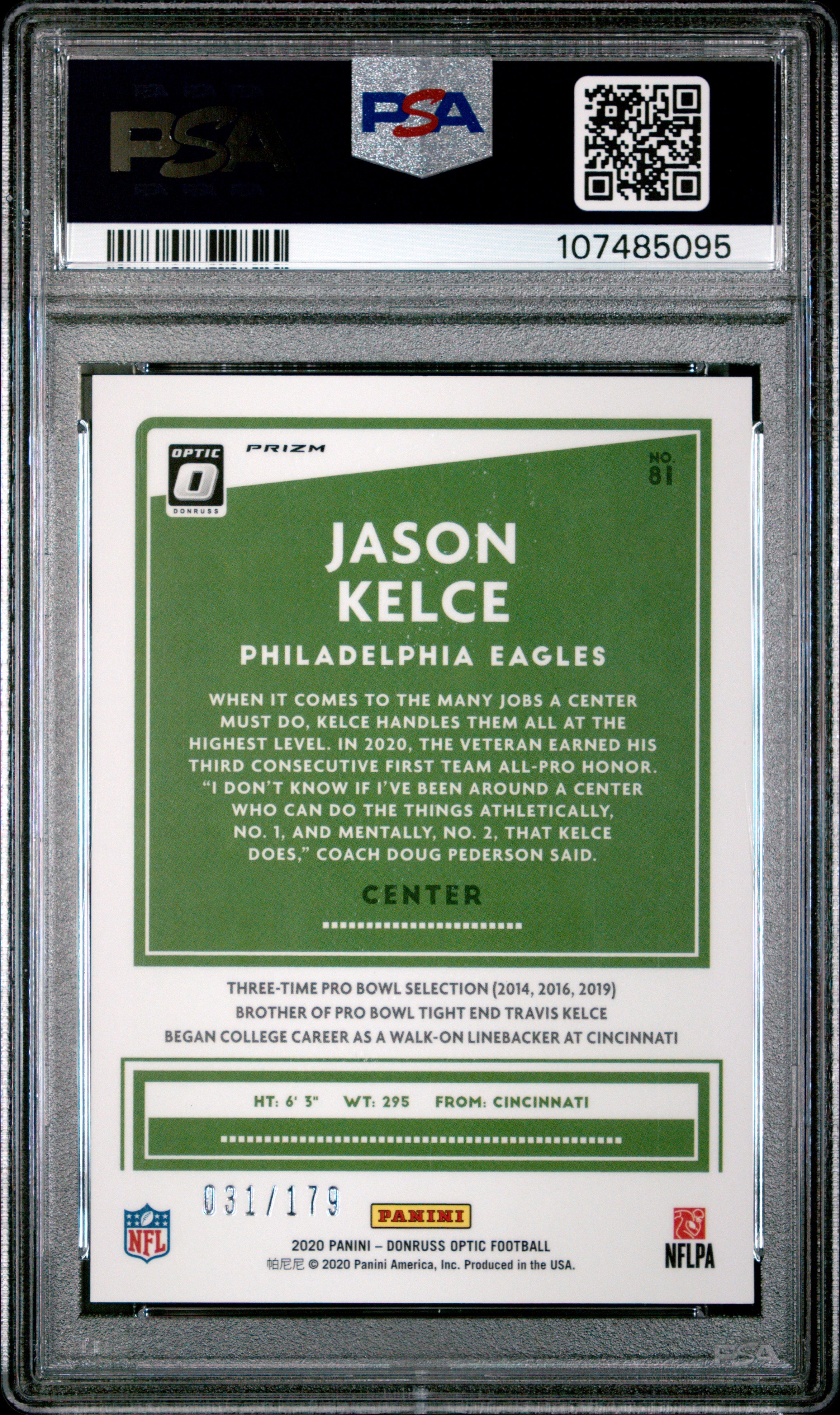Jason Kelce 2020 Donruss Optic Blue Prizm SP 31/179 PSA 9-2
