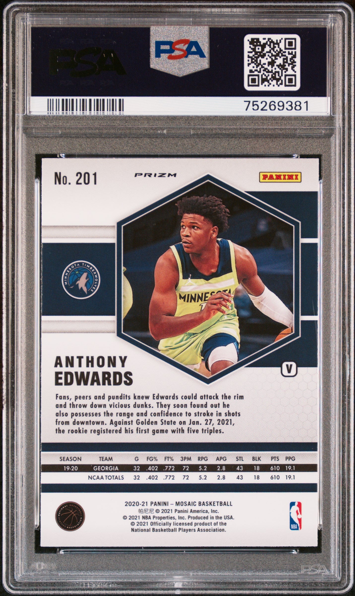 Anthony Edwards RC 2020-21 Panini Mosaic Fast Break Disco Variation Rookie #201 PSA 9
