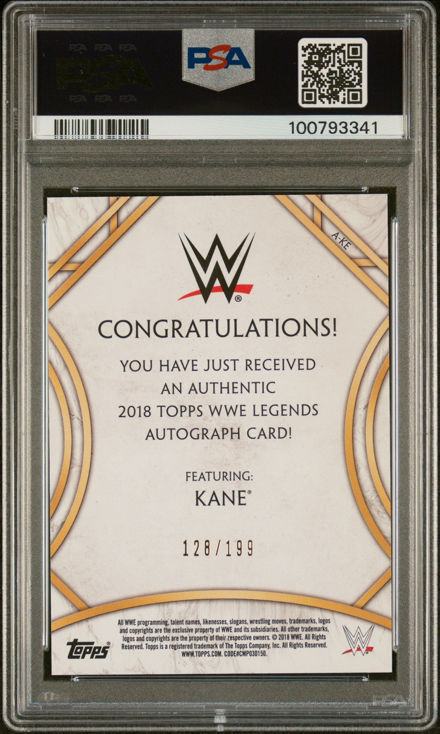 Kane 2018 Topps WWE Legends On Card Auto PSA 9