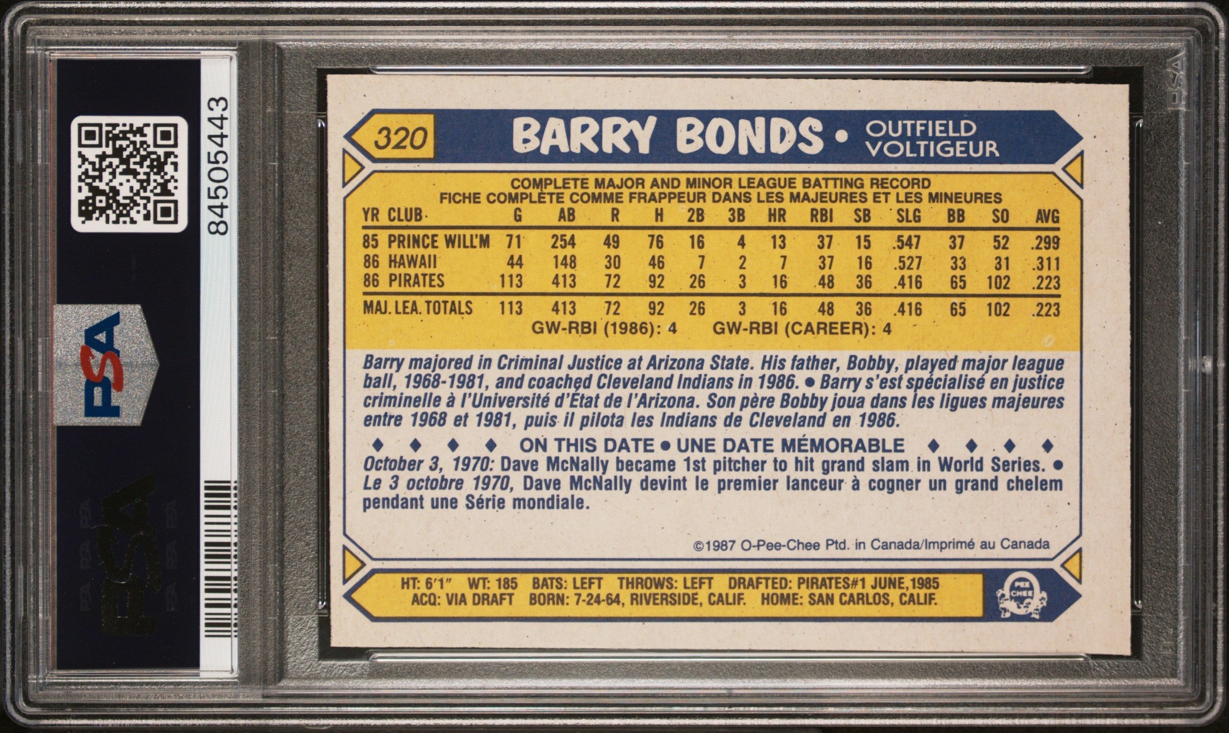 Barry Bonds 1987 O-Pee-Chee Baseball #320 PSA 7