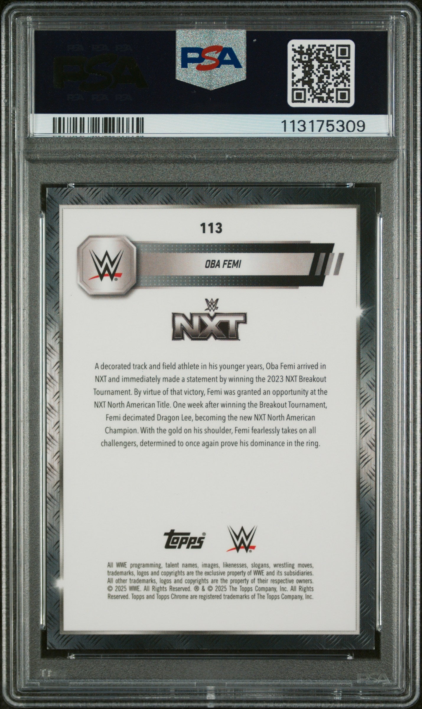 Oba Femi 2025 Topps Chrome Sapphire WWE Gold SP 19/50 PSA 8
