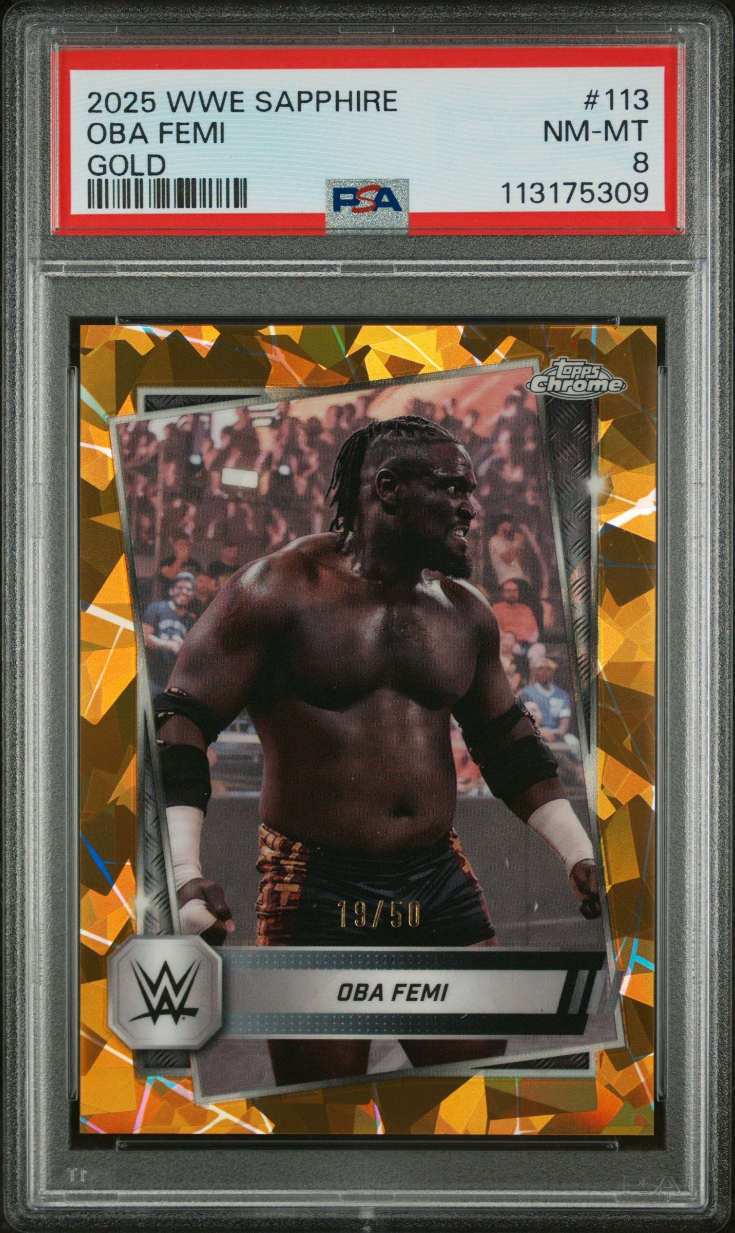 Oba Femi 2025 Topps Chrome Sapphire WWE Gold SP 19/50 PSA 8