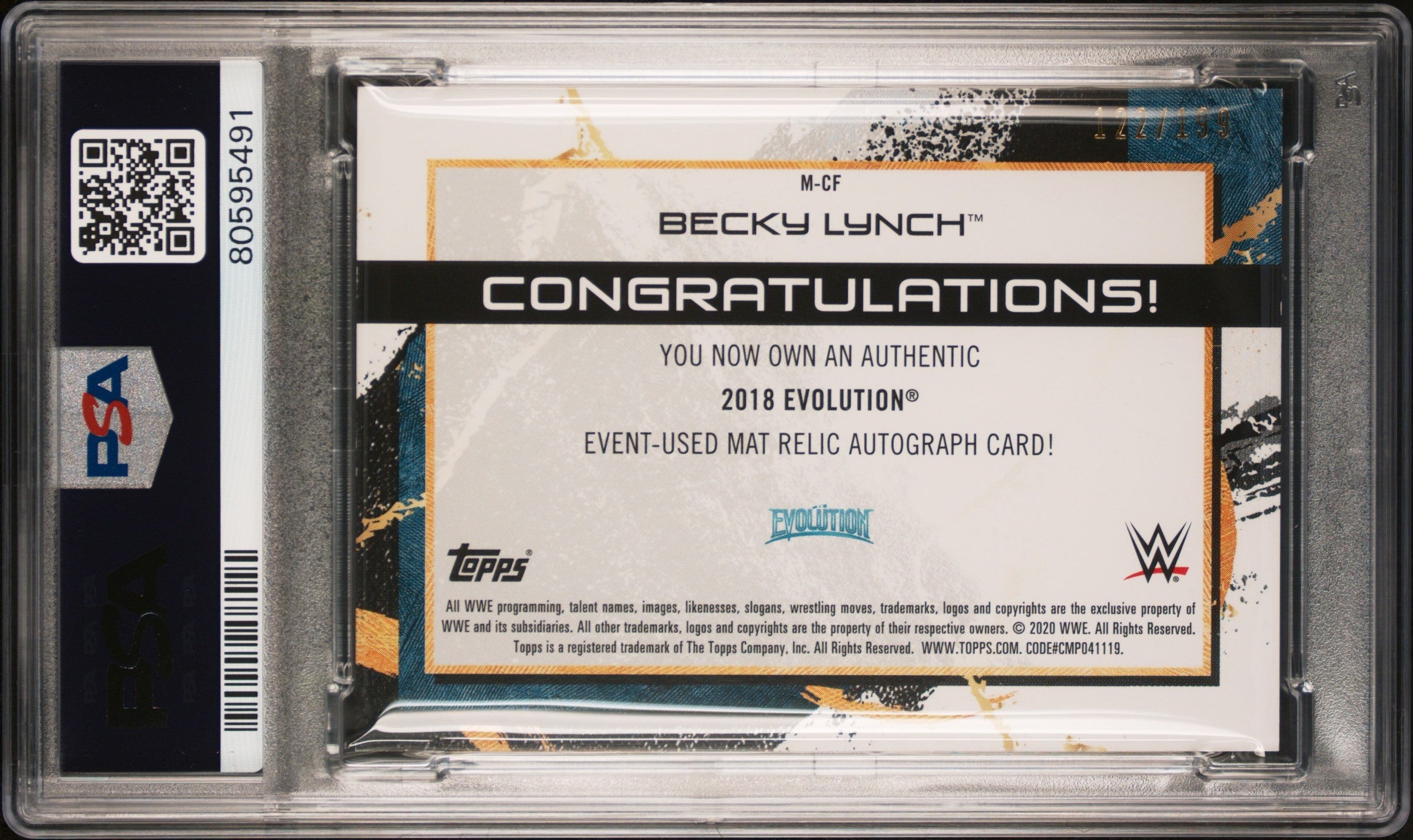 Becky Lnych 2020 Topps WWE Fully Unloaded Mat Patch Auto SP 122/199 PSA 9