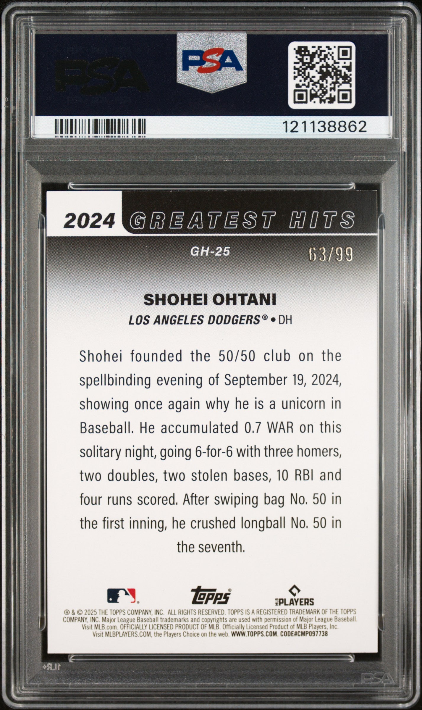 Shohei Ohtani 2025 Topps '24 Greatest Hits Green Foil SP 63/99 PSA 9