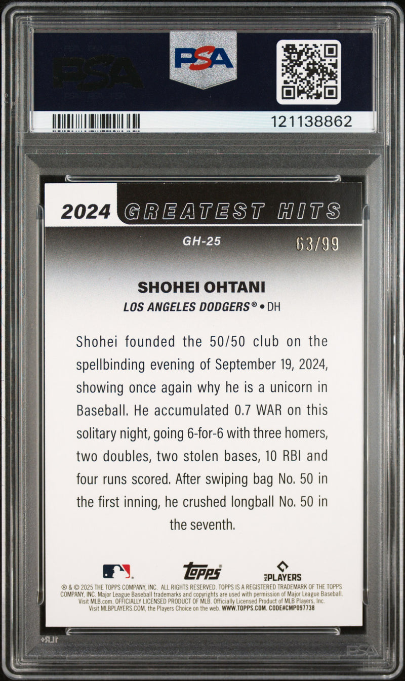 Shohei Ohtani 2025 Topps '24 Greatest Hits Green Foil SP 63/99 PSA 9-2