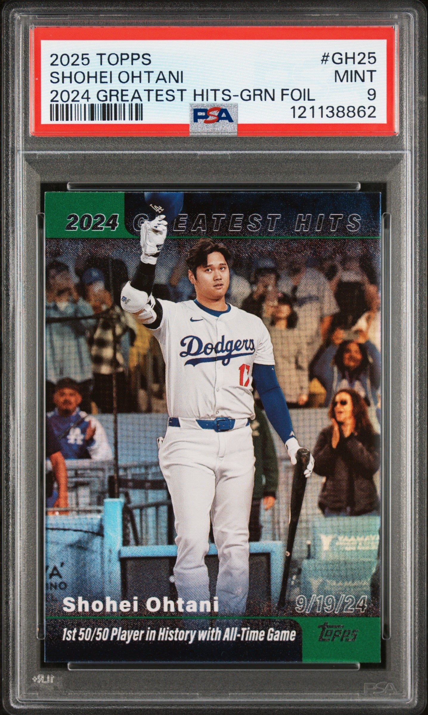 Shohei Ohtani 2025 Topps '24 Greatest Hits Green Foil SP 63/99 PSA 9-1
