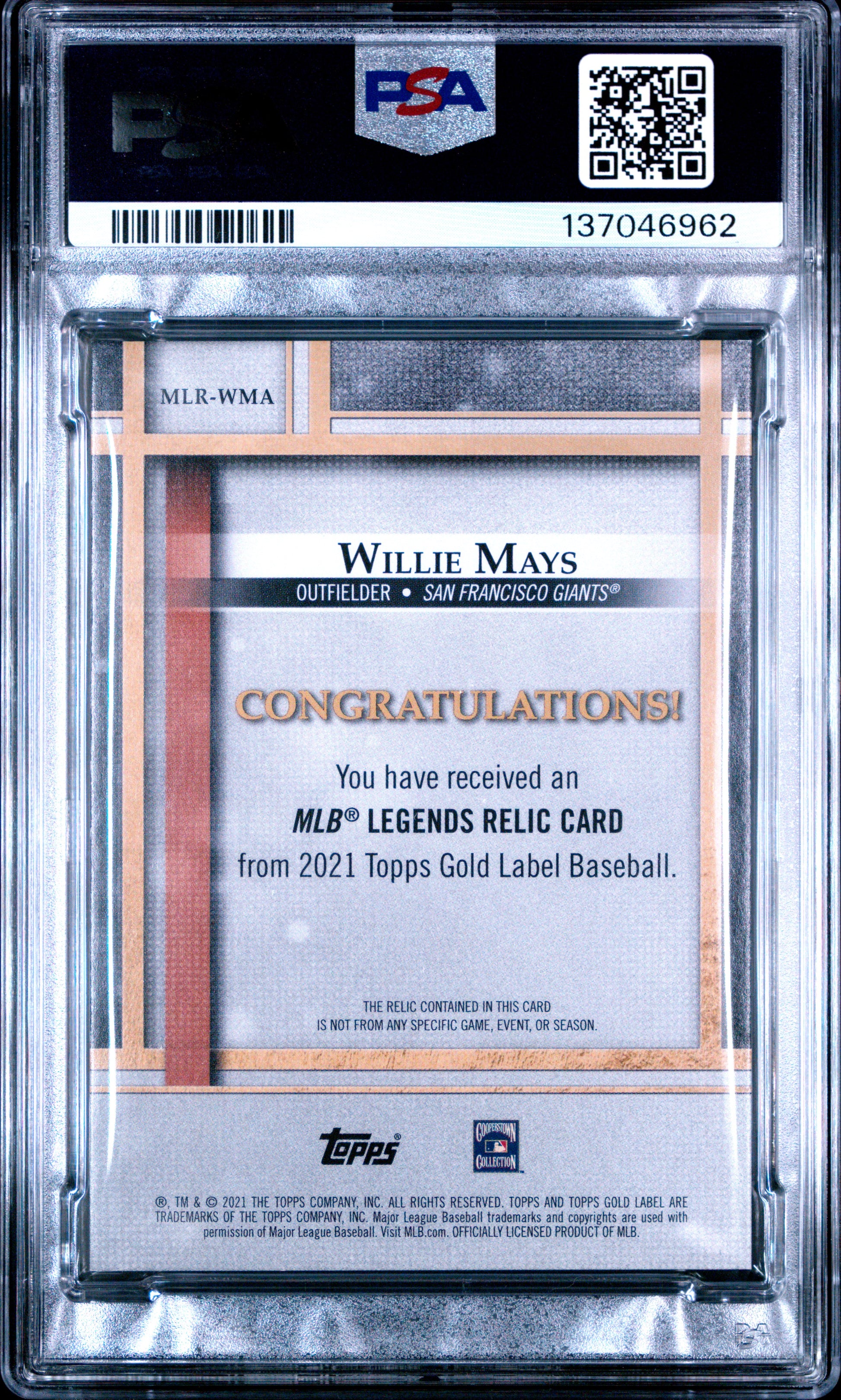 Willie Mays 2021 Topps Gold Label Black Game Used Bat Piece SP 2/5 PSA 8-2