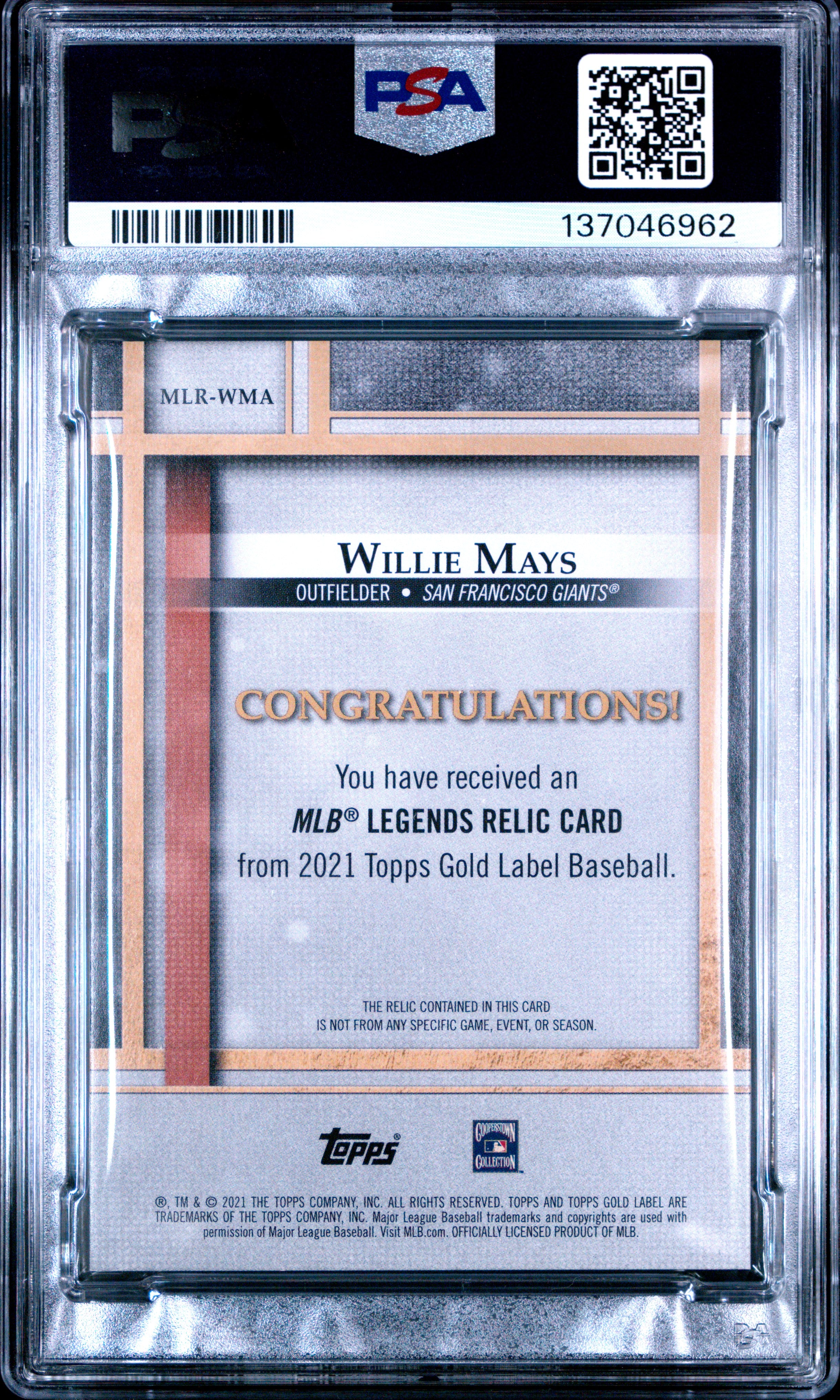 Willie Mays 2021 Topps Gold Label Black Game Used Bat Piece SP 2/5 PSA 8