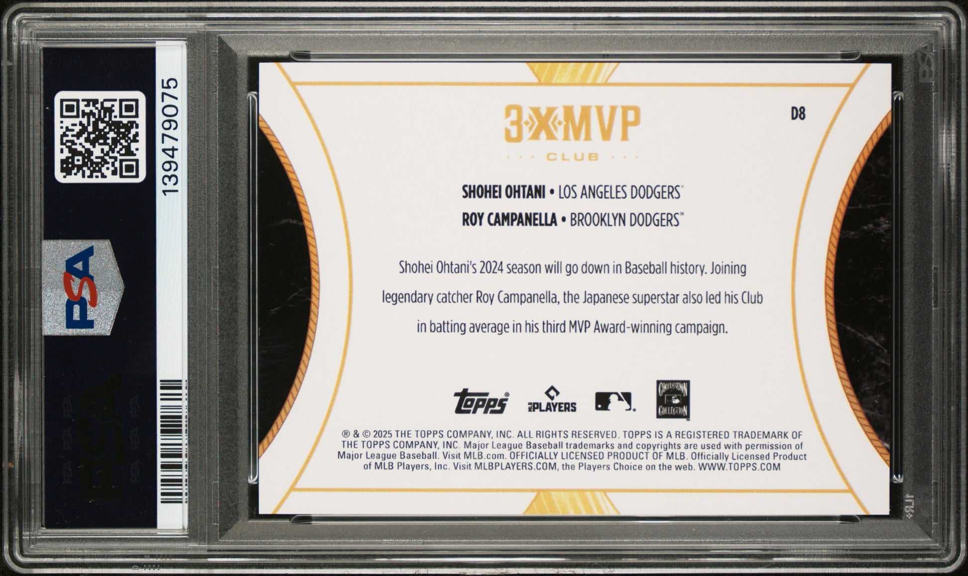 Shohei Ohtani Roy Campanella 2025 Topps Welcome To The Club Aqua 3x MVP SP 36/75 PSA 9-2