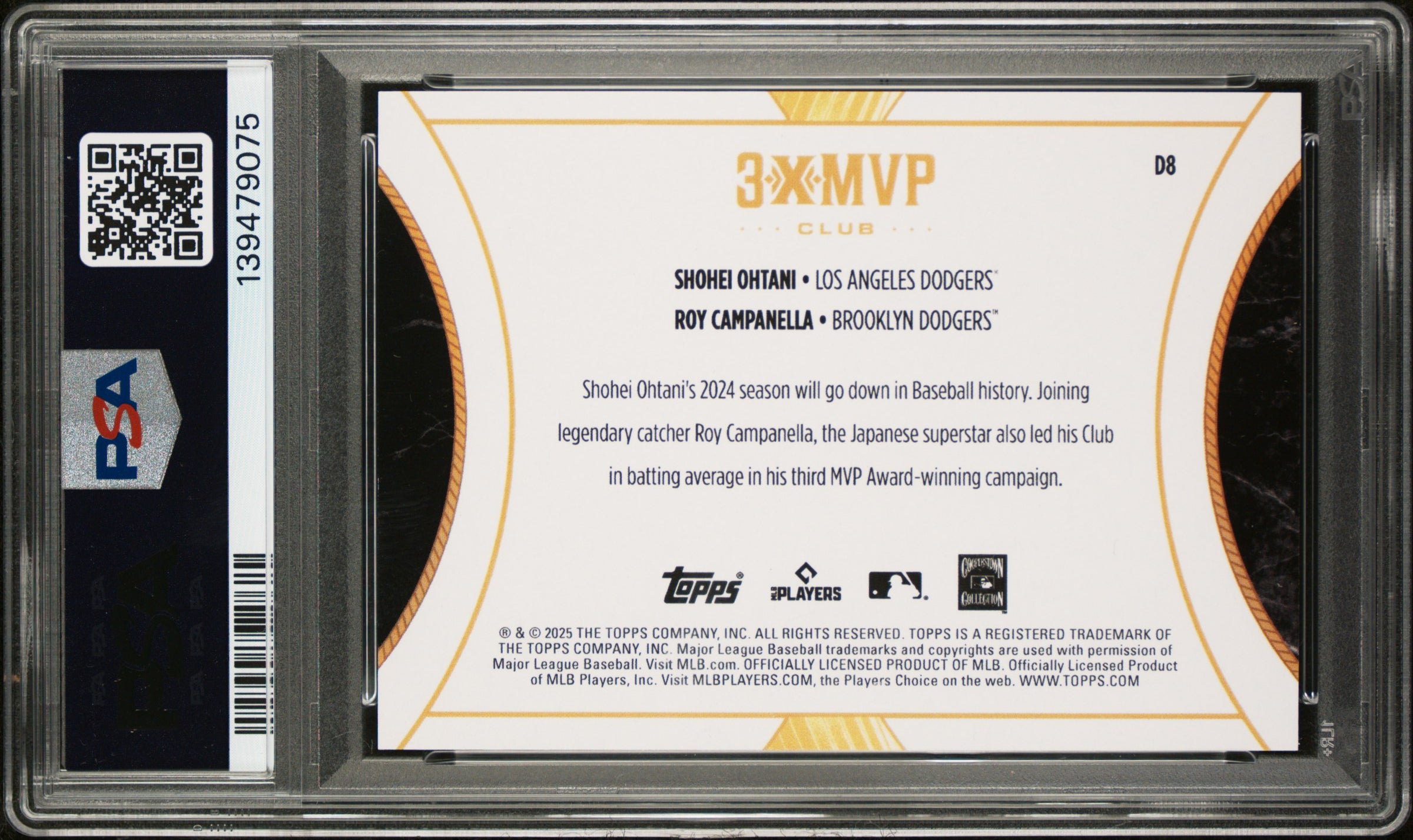 Shohei Ohtani Roy Campanella 2025 Topps Welcome To The Club Aqua 3x MVP SP 36/75 PSA 9