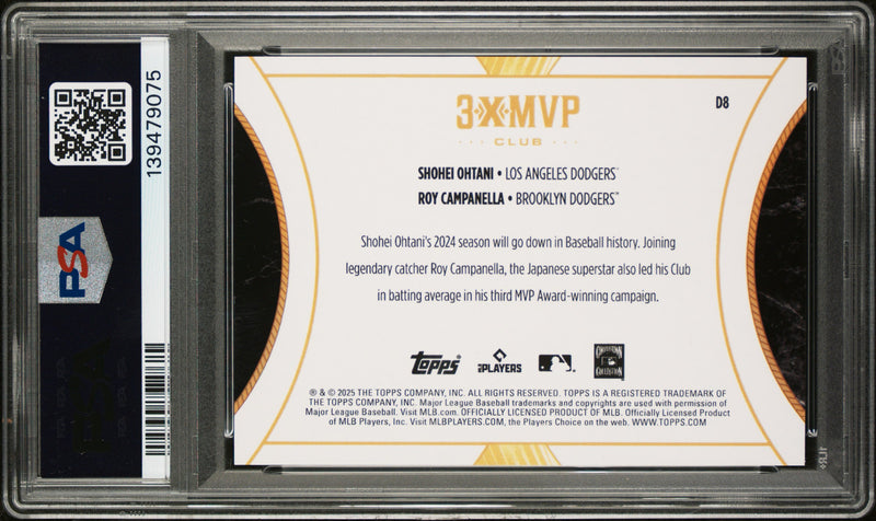 Shohei Ohtani Roy Campanella 2025 Topps Welcome To The Club Aqua 3x MVP SP 36/75 PSA 9-2