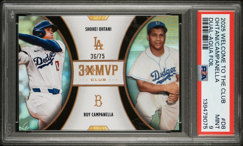 Shohei Ohtani Roy Campanella 2025 Topps Welcome To The Club Aqua 3x MVP SP 36/75 PSA 9-1