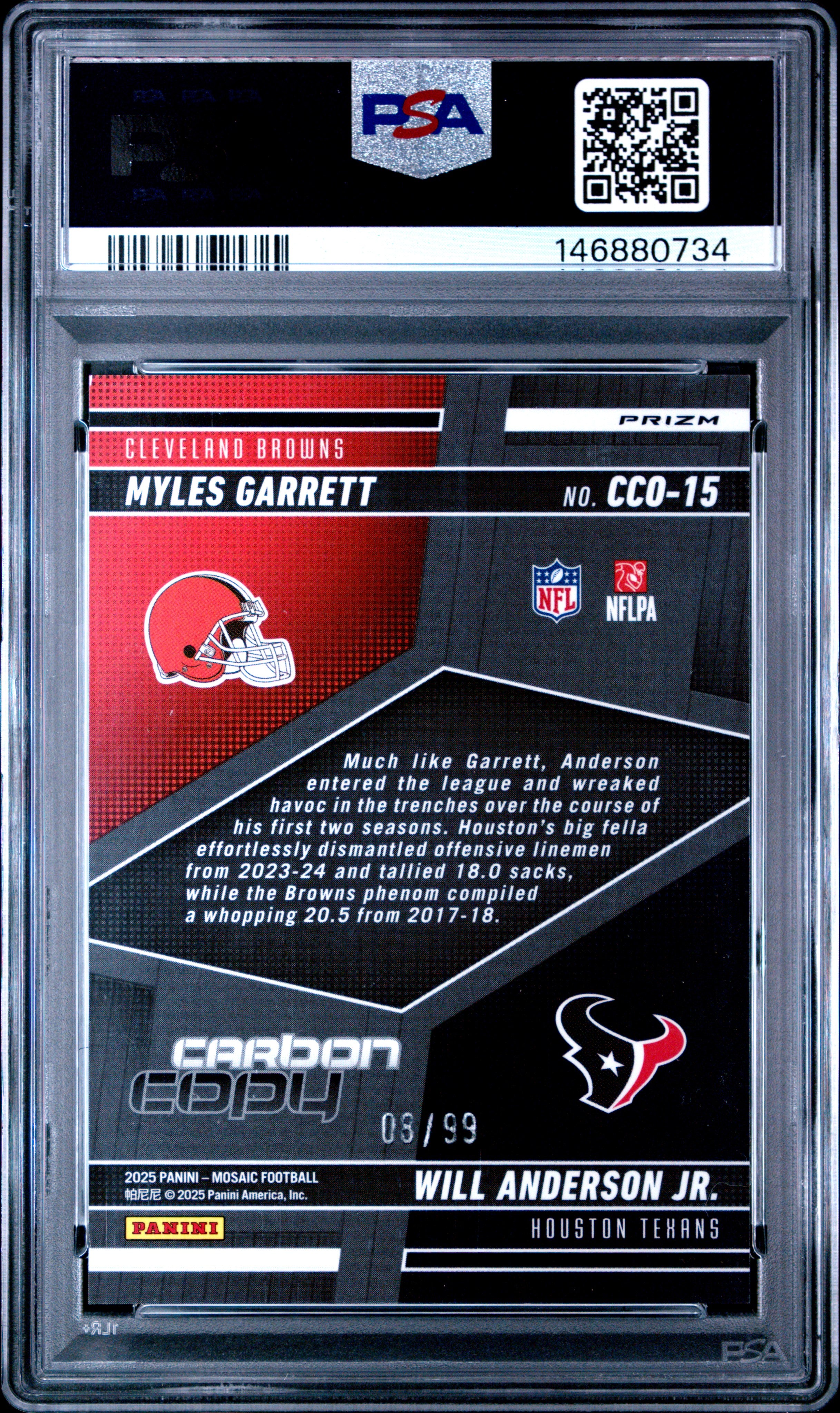 Myles Garrett Will Anderson Jr 2025 Panini Mosaic Blue Carbon Copy SP 8/99 PSA 10