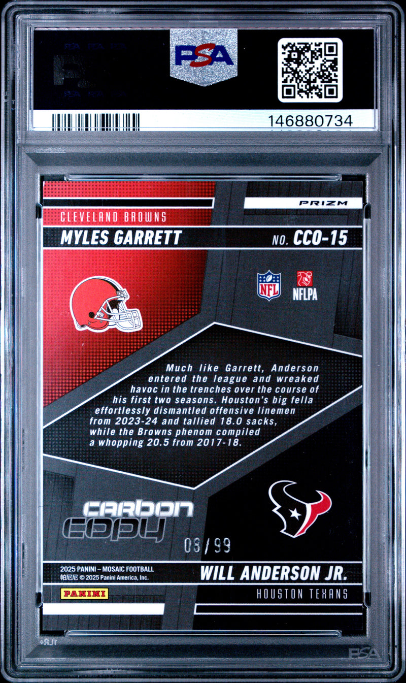 Myles Garrett Will Anderson Jr 2025 Panini Mosaic Blue Carbon Copy SP 8/99 PSA 10-2