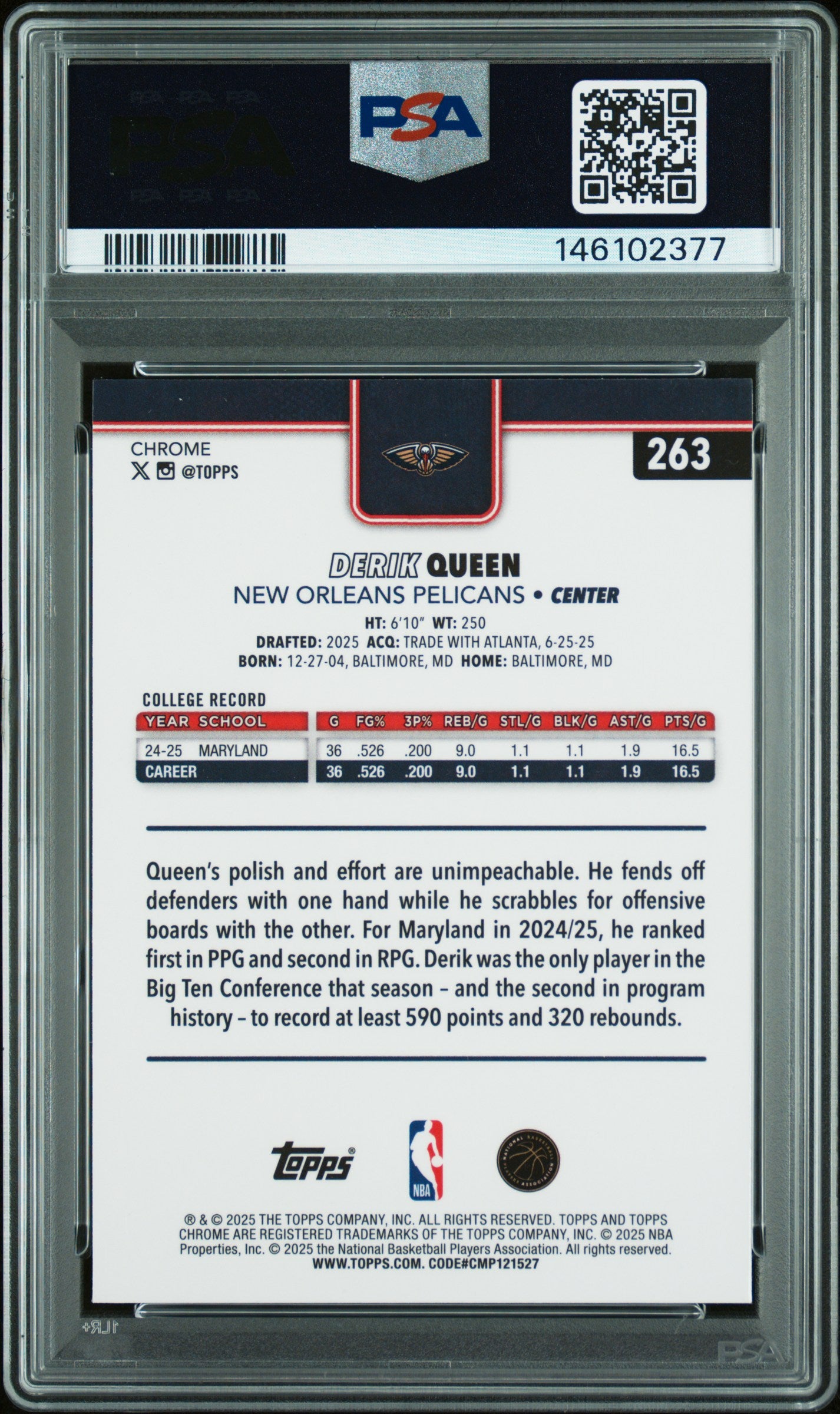 Derik Queen RC 2025-26 Topps Chrome Yellow Raywave Rookie SP 251/275 PSA 9