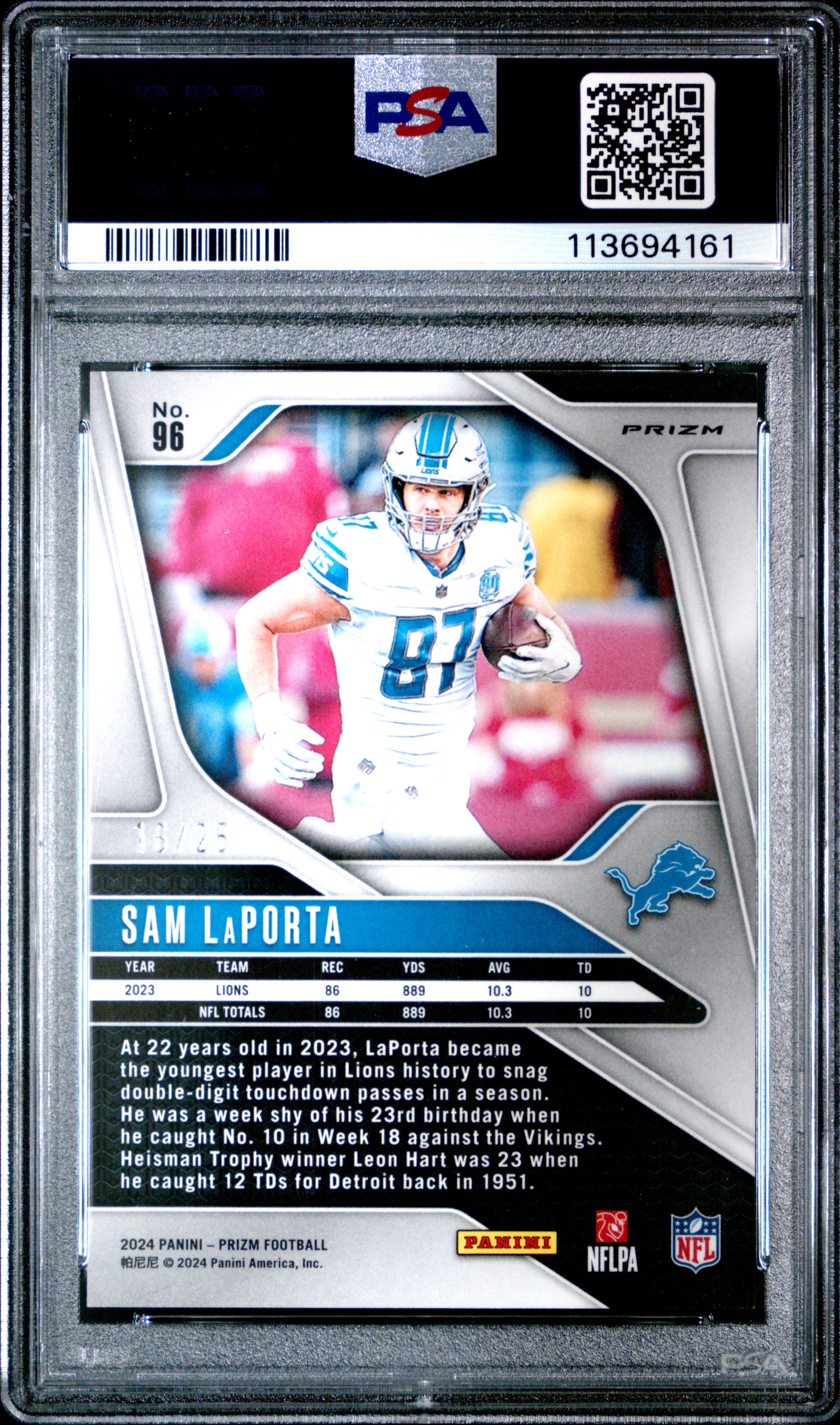 Sam Laporta 2024 Panini Prizm Navy Camo SP 16/25 PSA 9