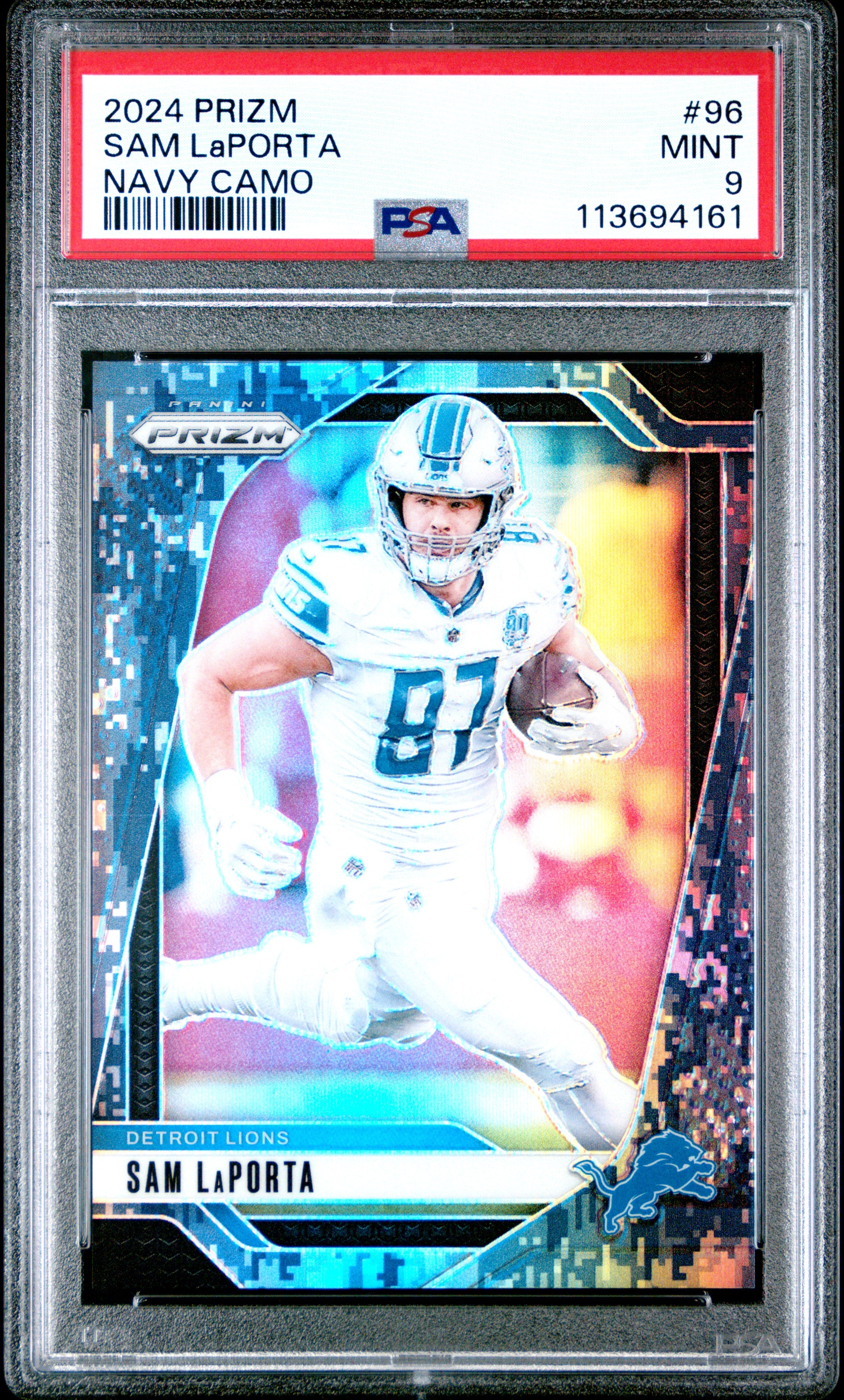 Sam Laporta 2024 Panini Prizm Navy Camo SP 16/25 PSA 9