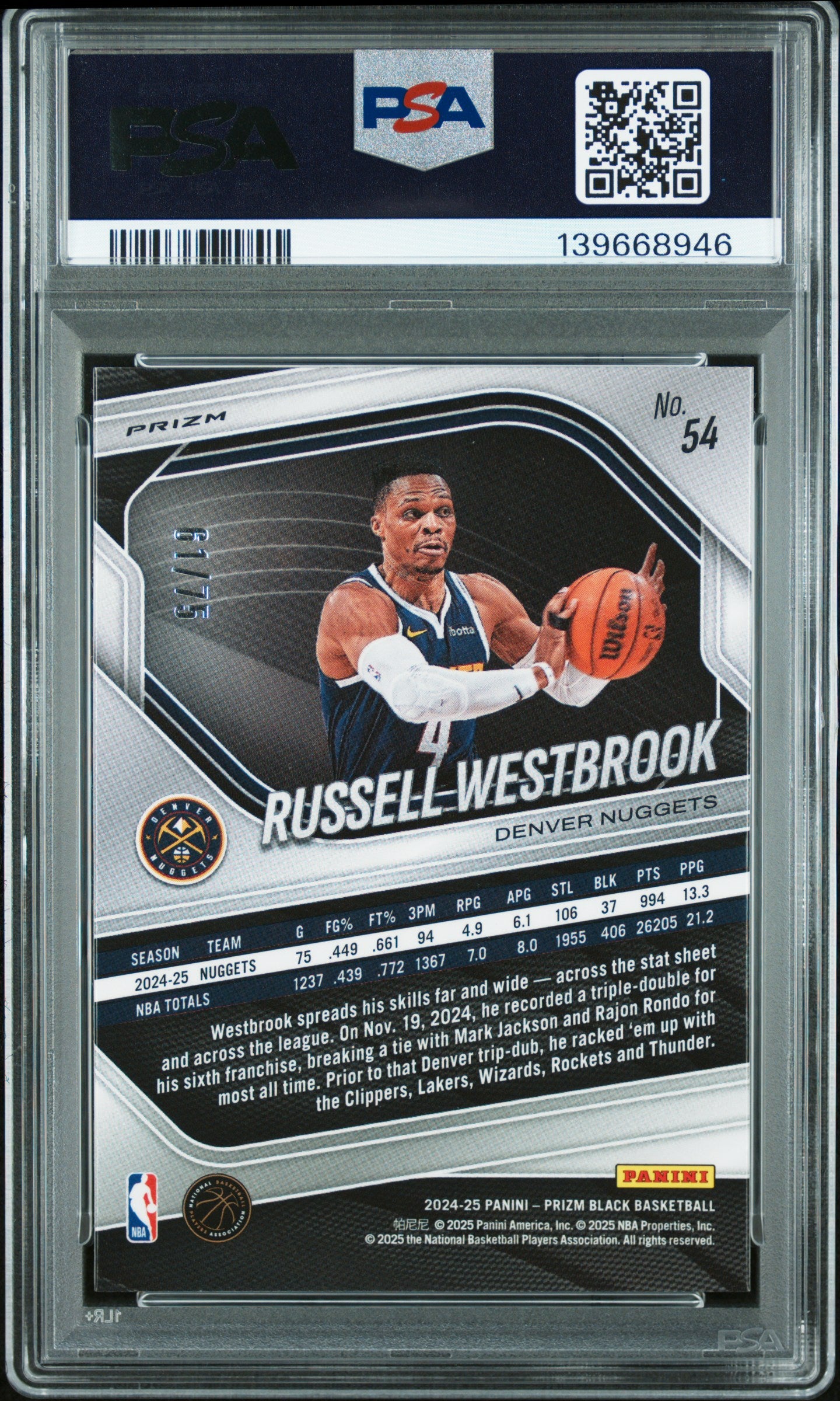 Russell Westbrook 2024-25 Panini Prizm Black Red Power SP 61/75 PSA 10