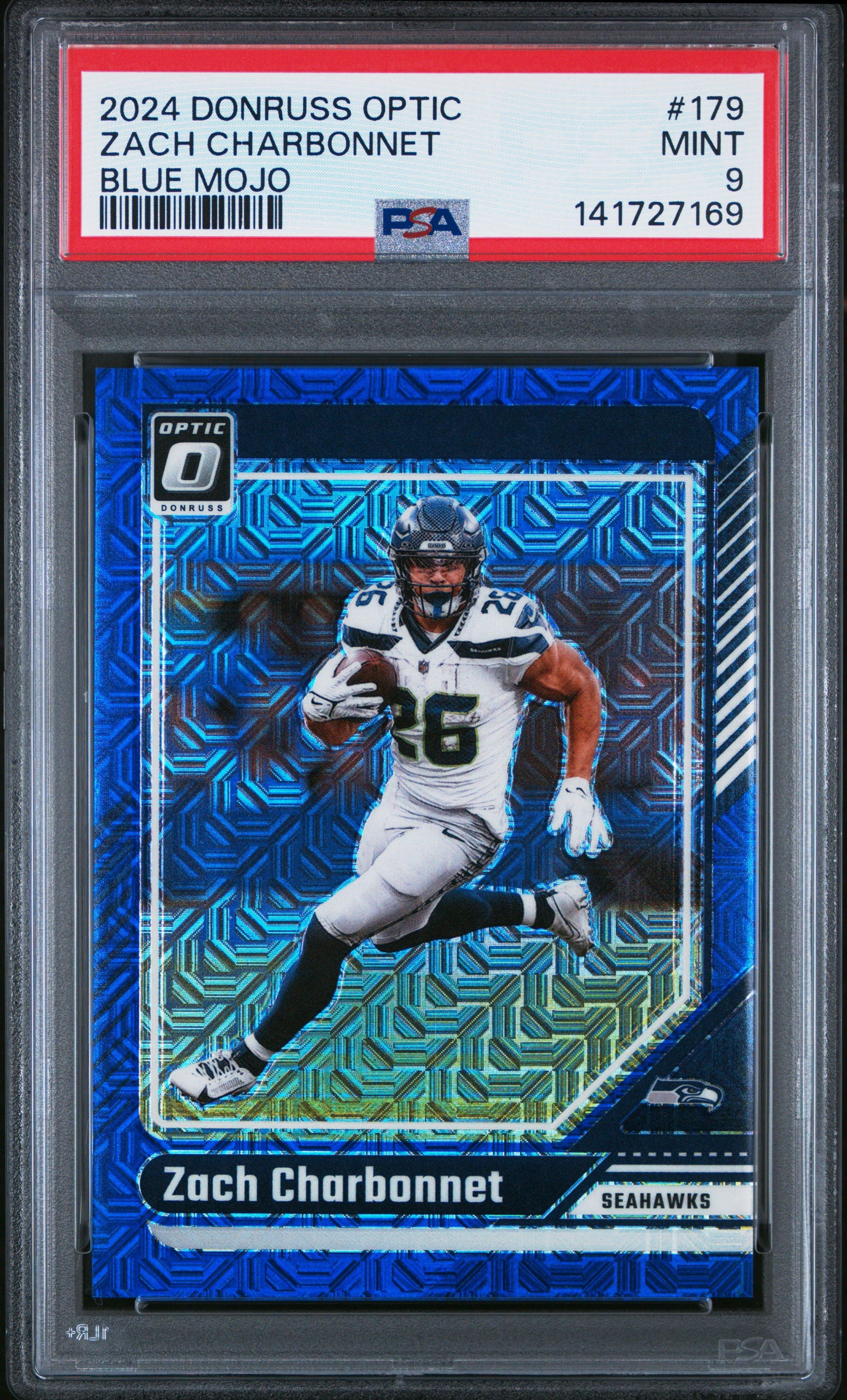 Zach Charbonnet 2024 Donruss Optic Blue Mojo Prizm SP 1/5 PSA 9