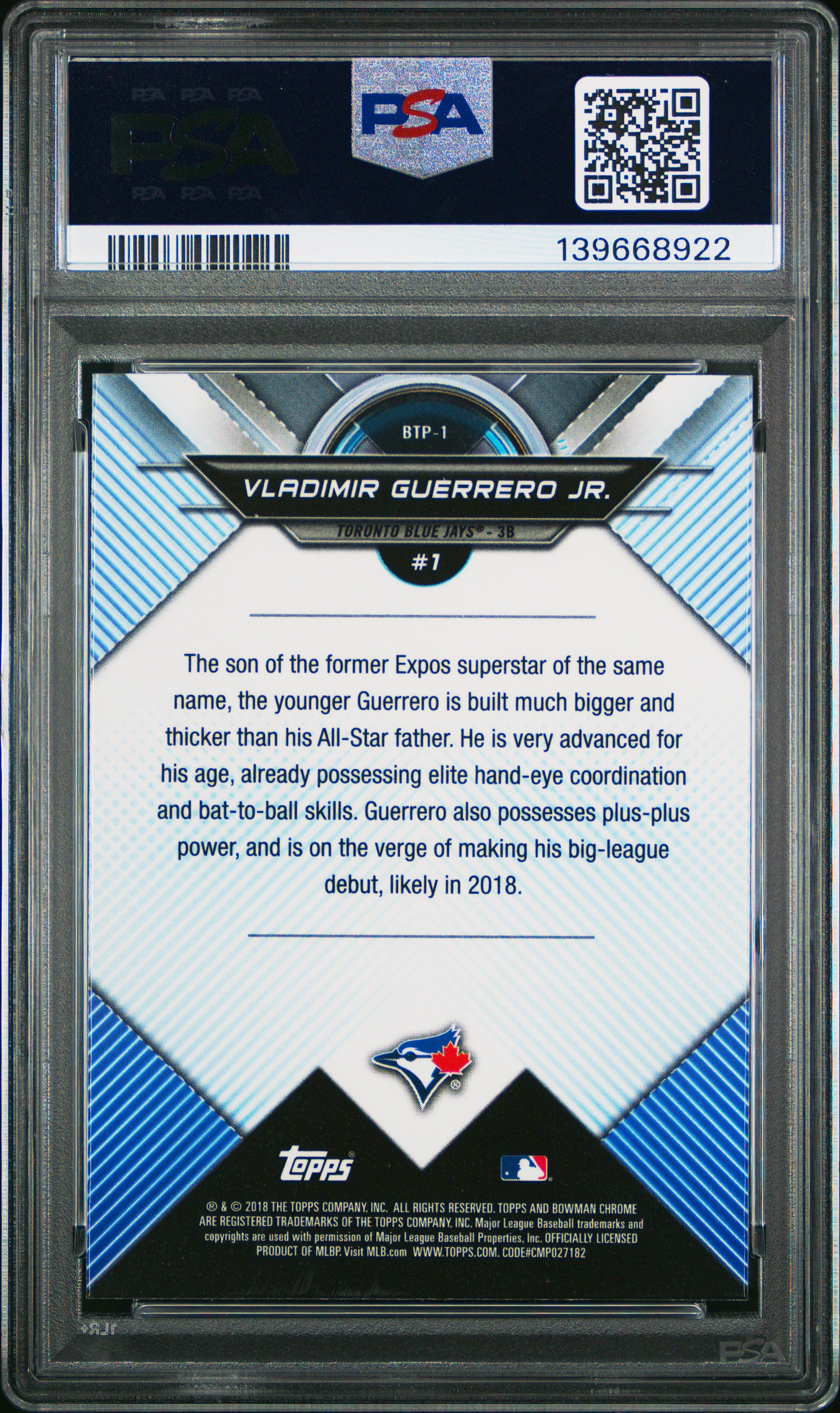 Vladimir Guerrero Jr RC 2018 Bowman Chrome Scouts Top 100 Prospect Rookie PSA 10