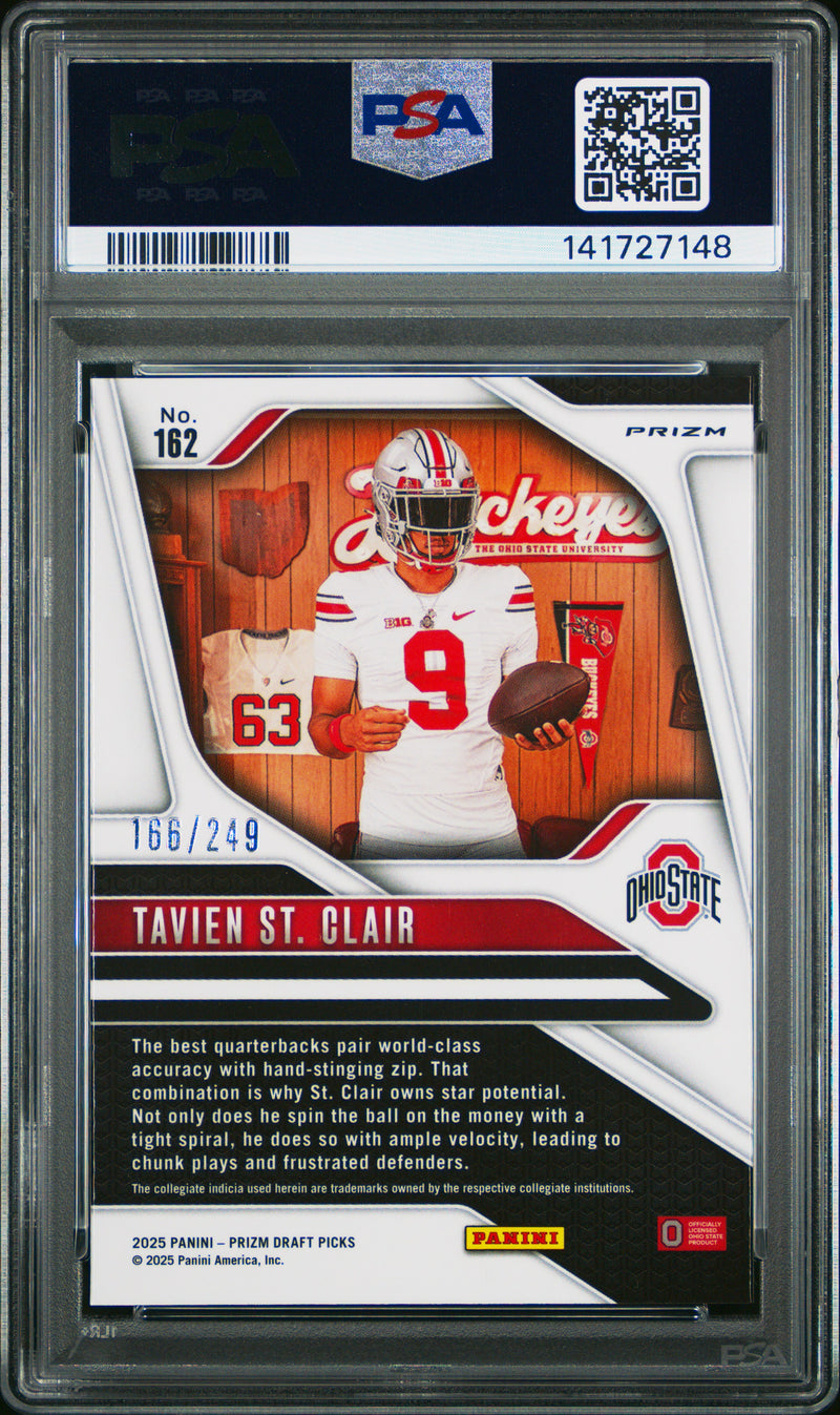 Tavien St Clair RC 2025 Panini Prizm Draft Blue Rated Prospect Rookie SP 166/249 PSA 10-2