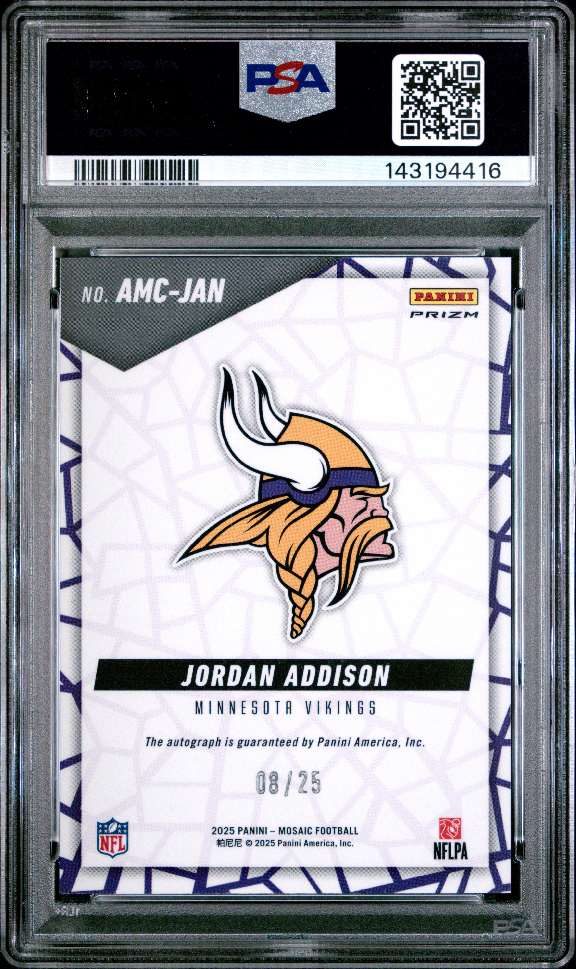 Jordan Addison 2025 Panini Mosaic White Prizm Auto SP 8/25 PSA 9